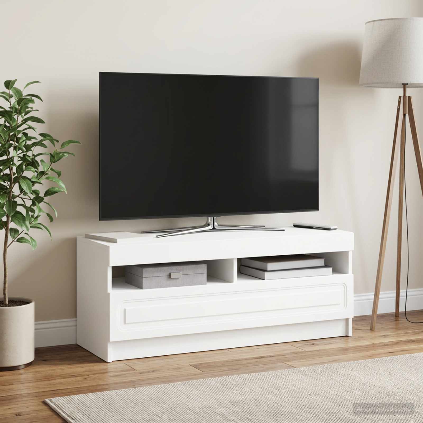 LED televizoriaus spintelė Balta Apdirbta mediena
