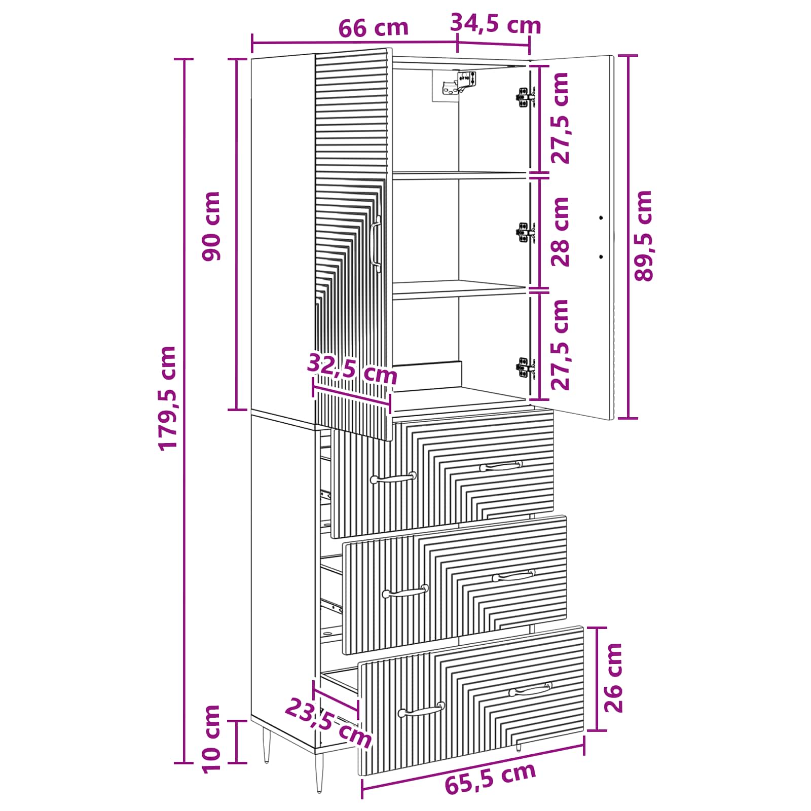 Spintelė 2 pcs Itin blizgi balta 66 x 34,5 x 90 cm