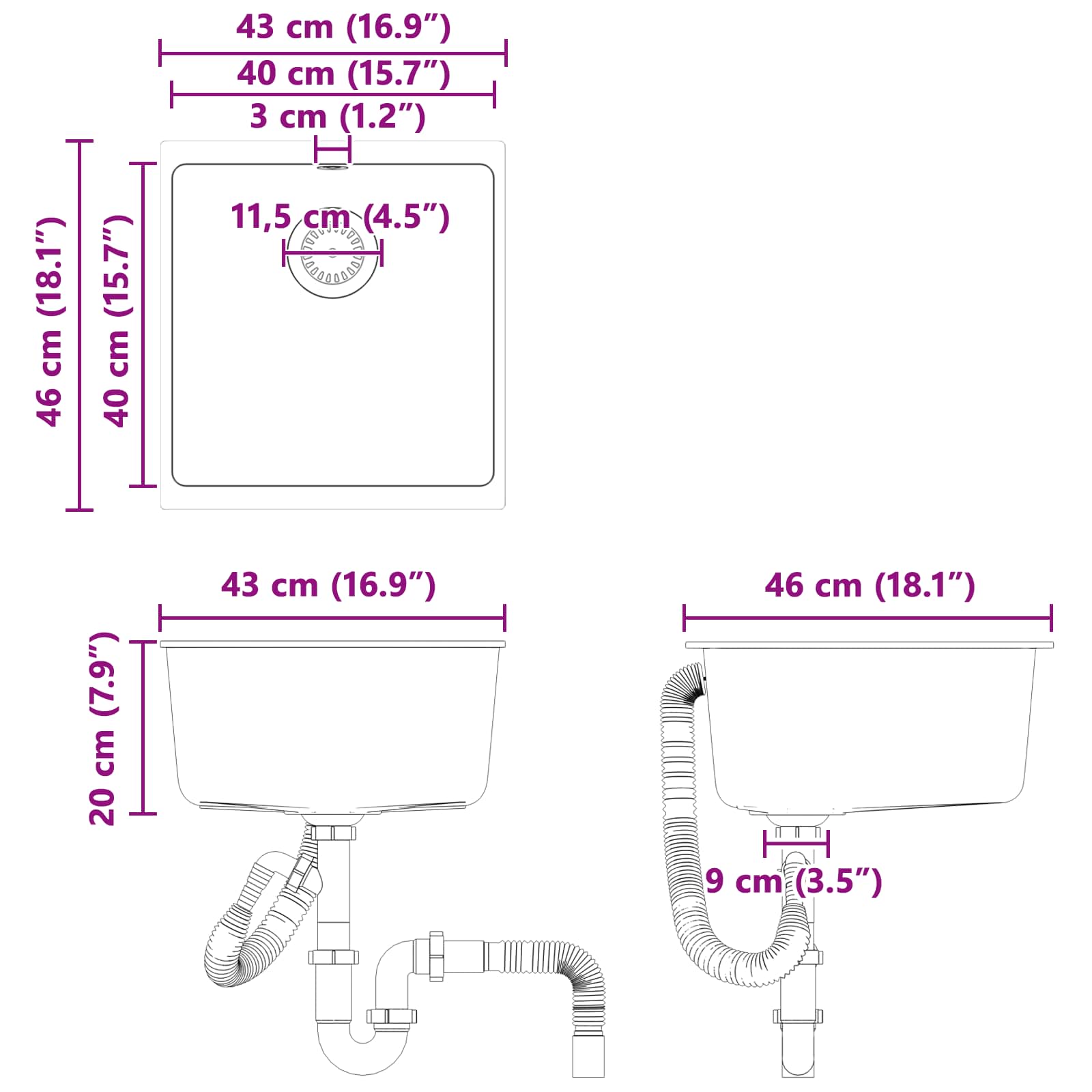 Kriauklė Pilka 430 x 460 mm 80% Kvarcas ir 20% Derva