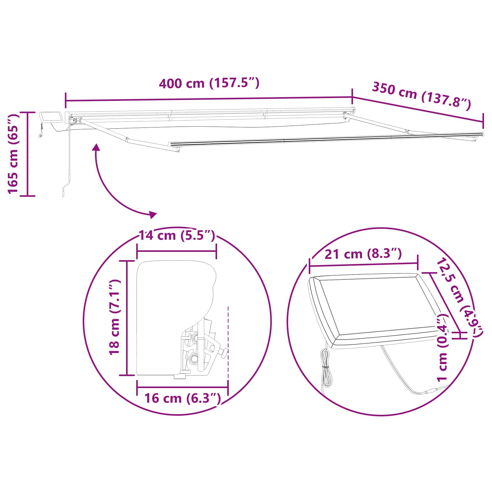 Manual awning frame with LED White 4 x 3.5 m Aluminium