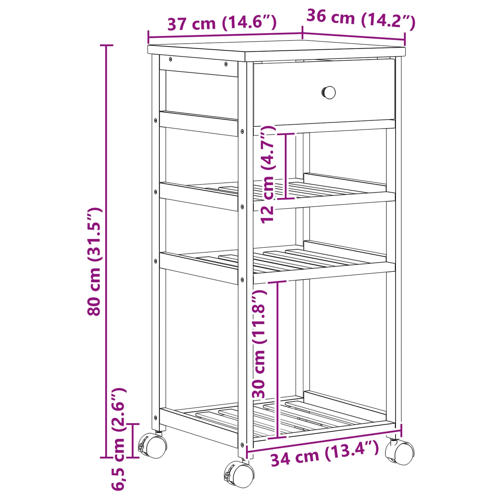 Kitchen Trolley on Wheels Natural 37 x 36 x 80 cm Bamboo