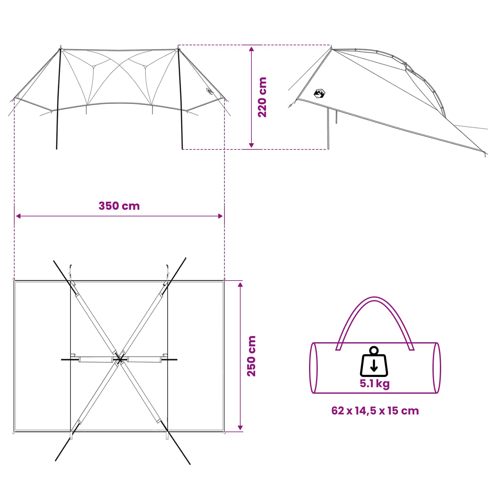 Automobilių palapinė Žalia 350 x 250 cm Poliesteris ir plienas