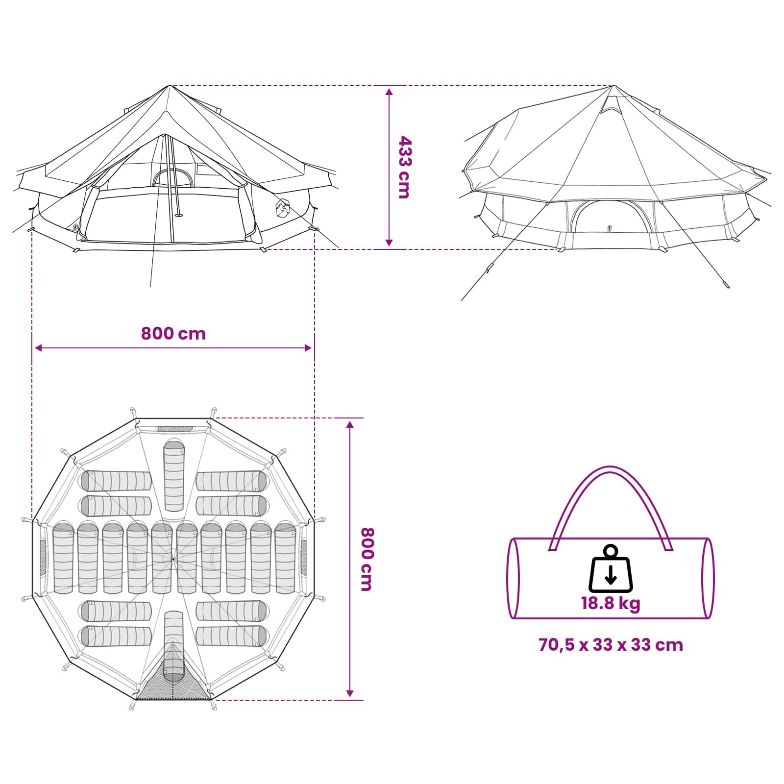 Tipi palapinė Žalia 800 x 800 x 430 cm Poliesteris ir plienas