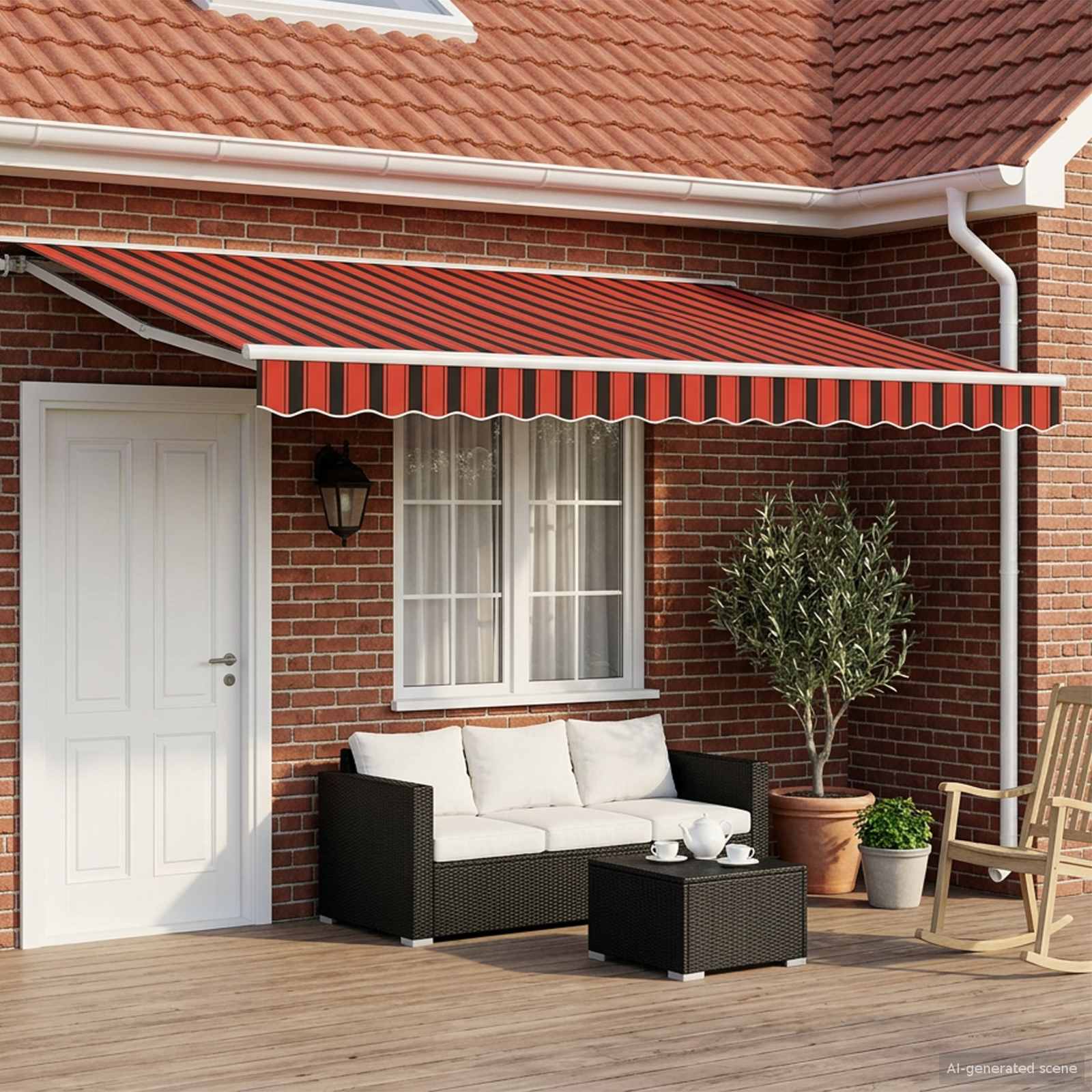 Manual Folding Awning Orange, Black and Yellow