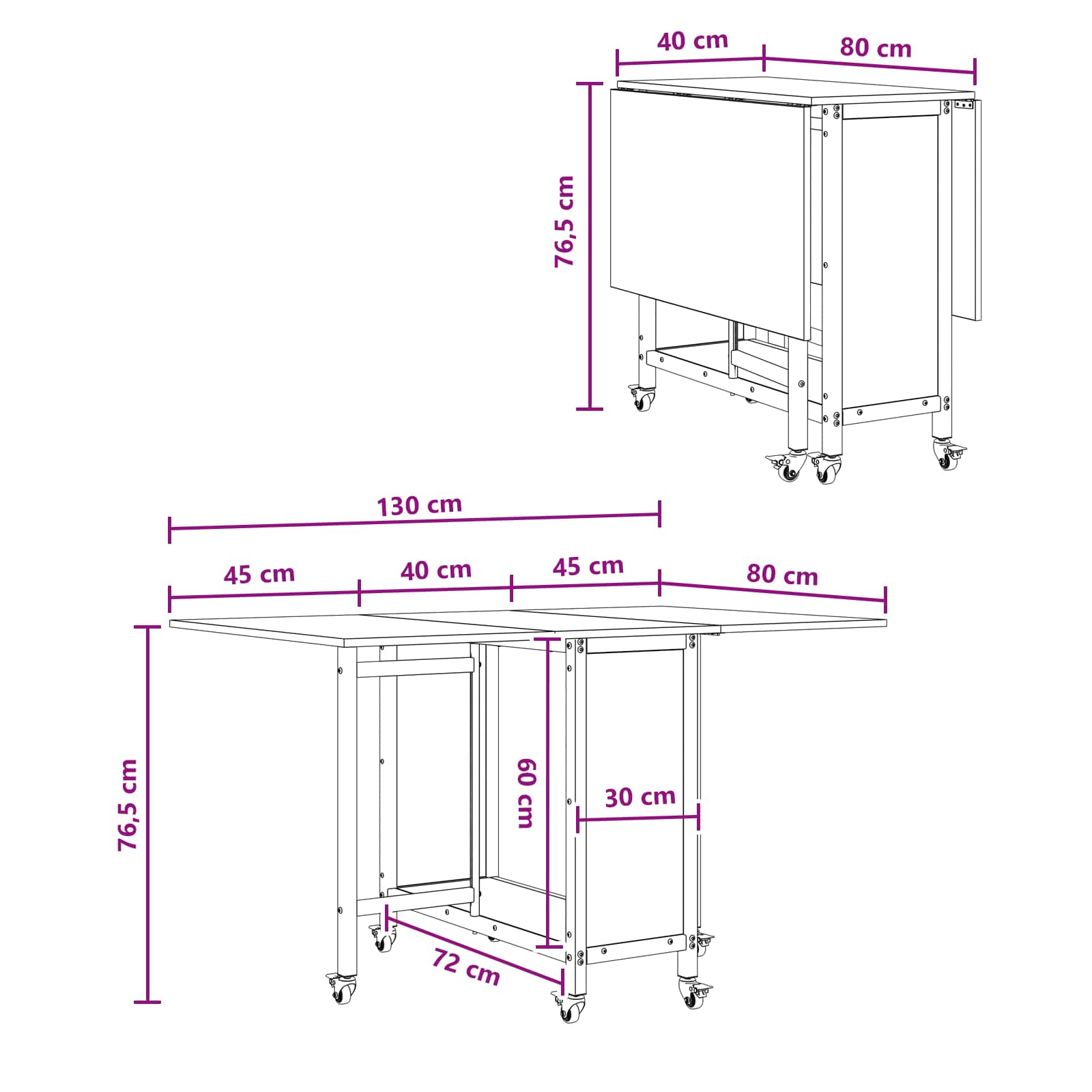 Sulankstomas valgomojo stalas su ratukais 130 x 80 x 76,5 cm