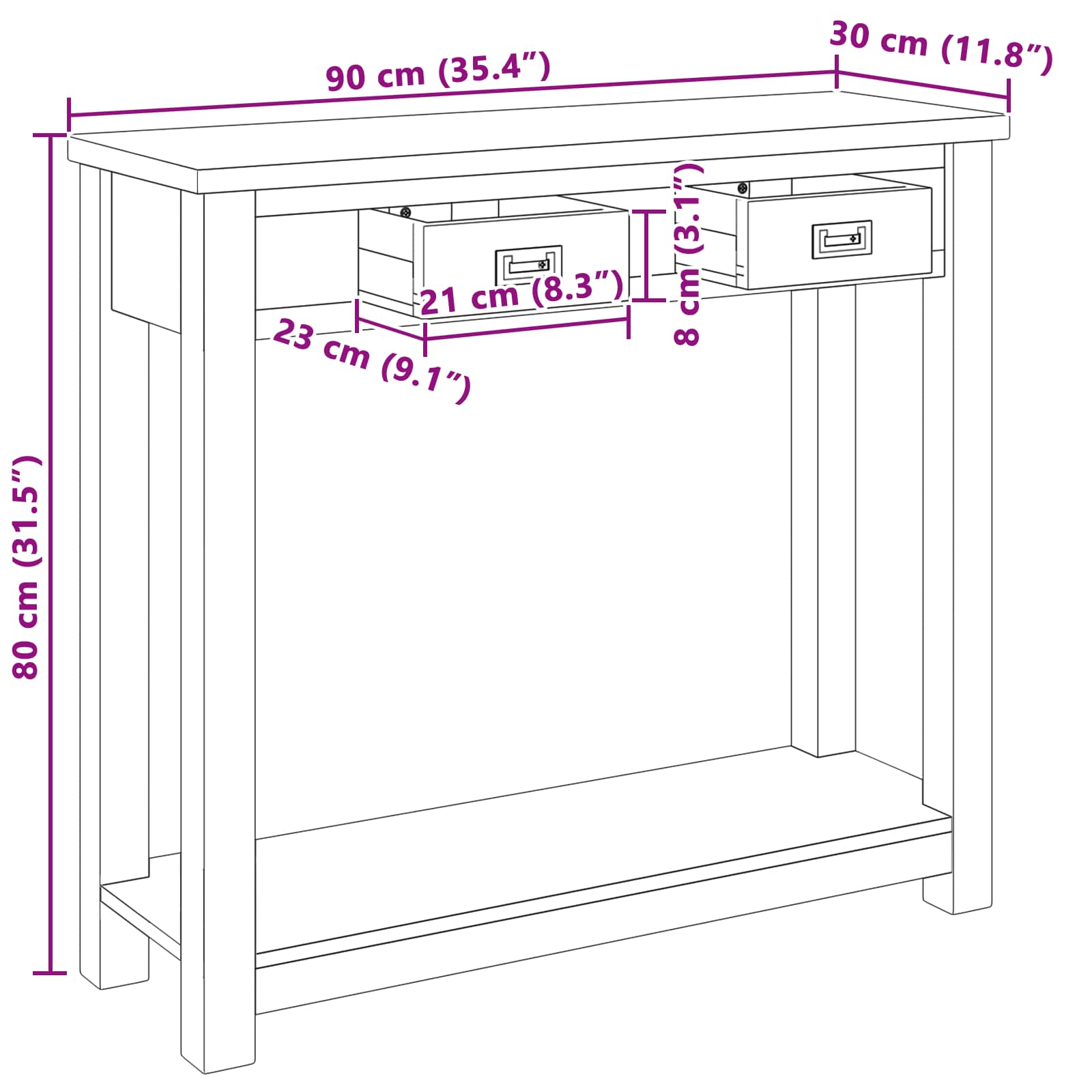 Konsolinis stalas Natūrali 90 x 30 x 80 cm Kieto teka medžio