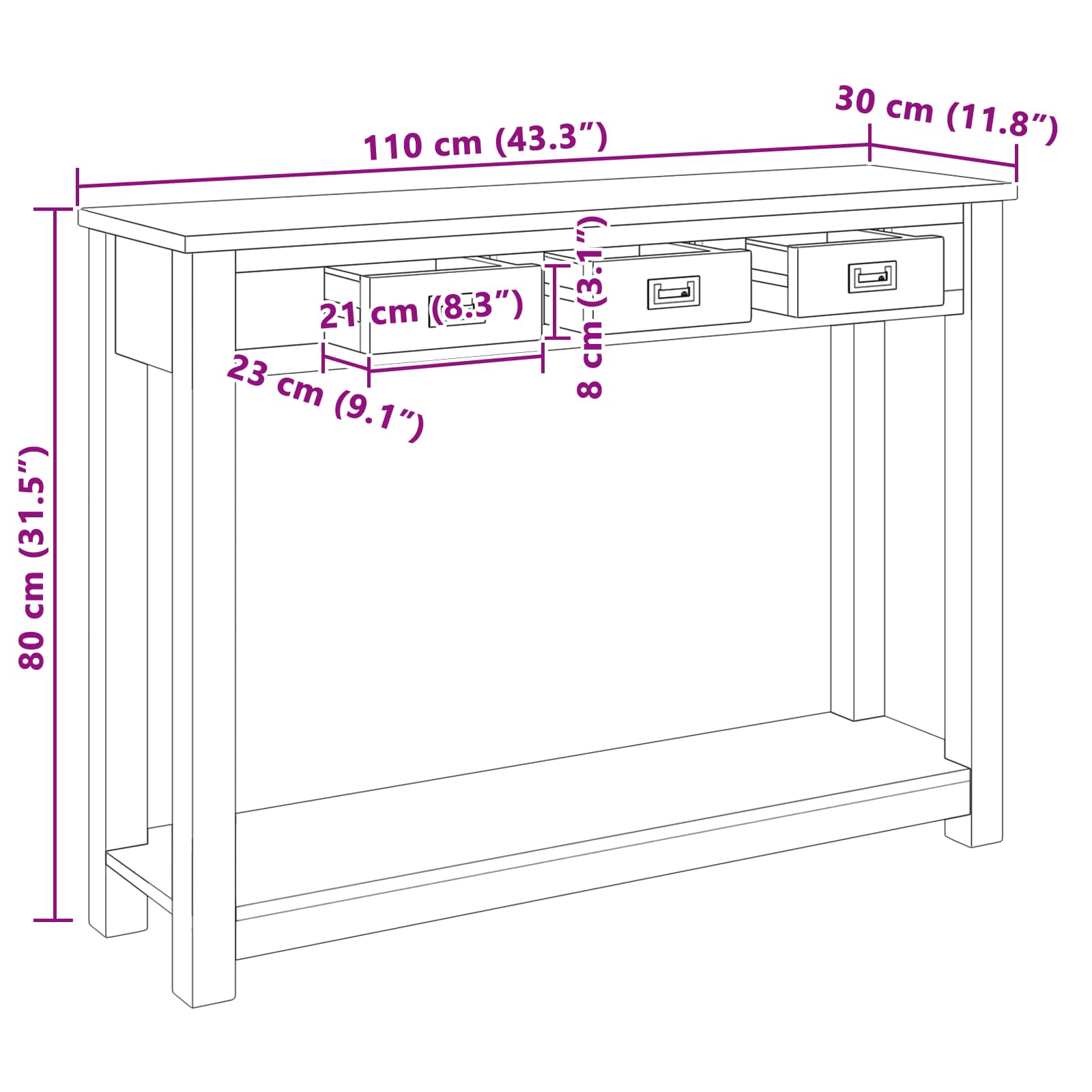 Konsolinis stalas Natūrali 110 x 30 x 80 cm Kieto teka medžio