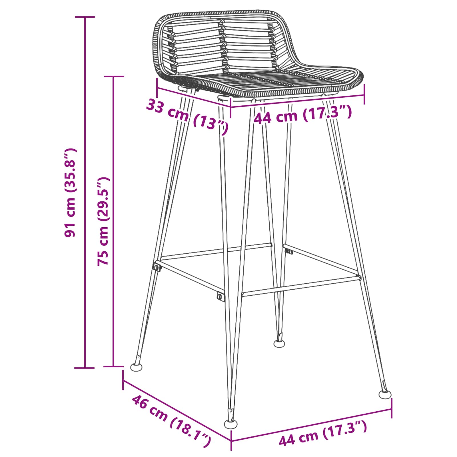 Bāra krēsls 44 x 46 x 91 cm 18 mm diametra dzelzs stieņi