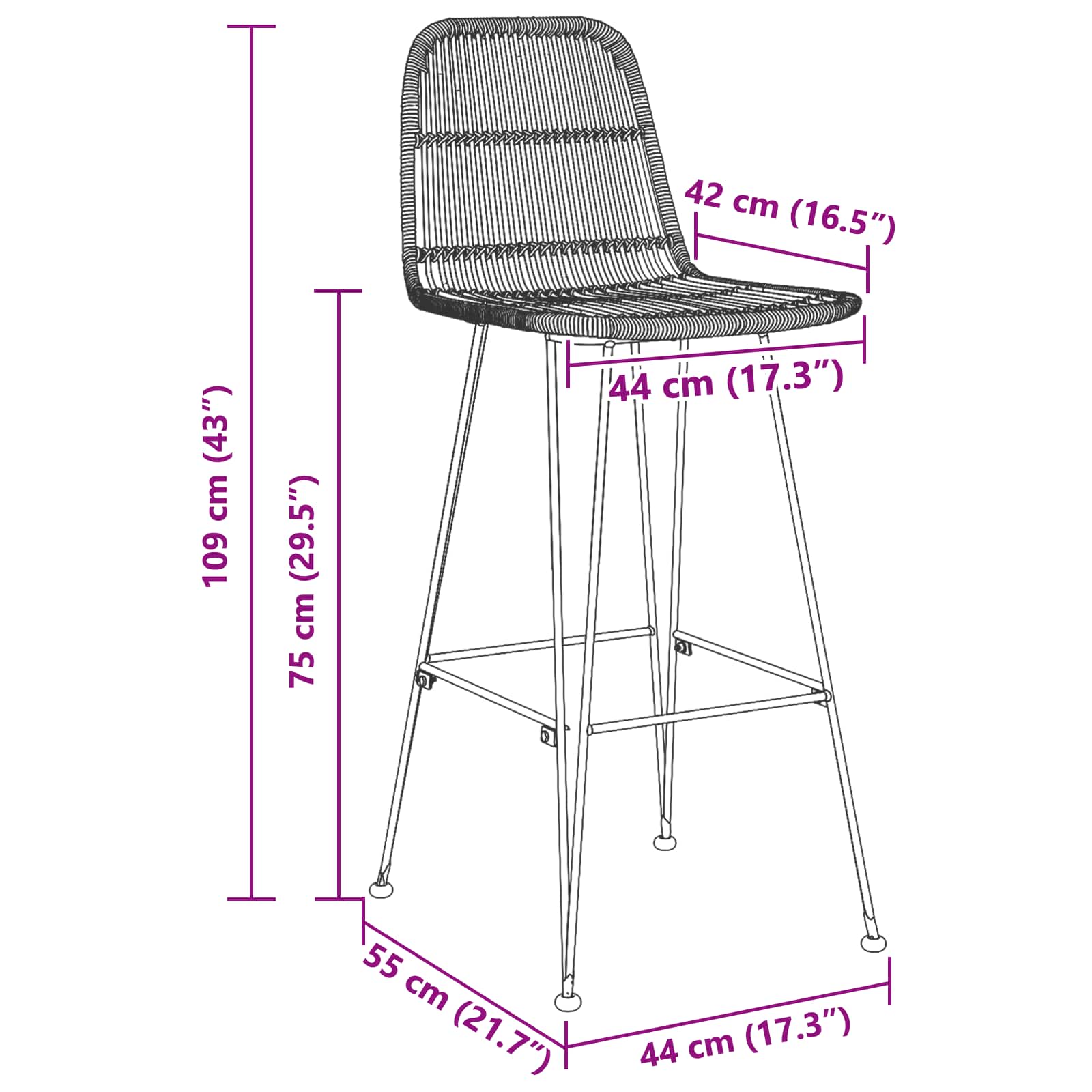 Baro taburetė 2 pcs Juoda 44 x 55 x 109 cm Ratana ir Plienas