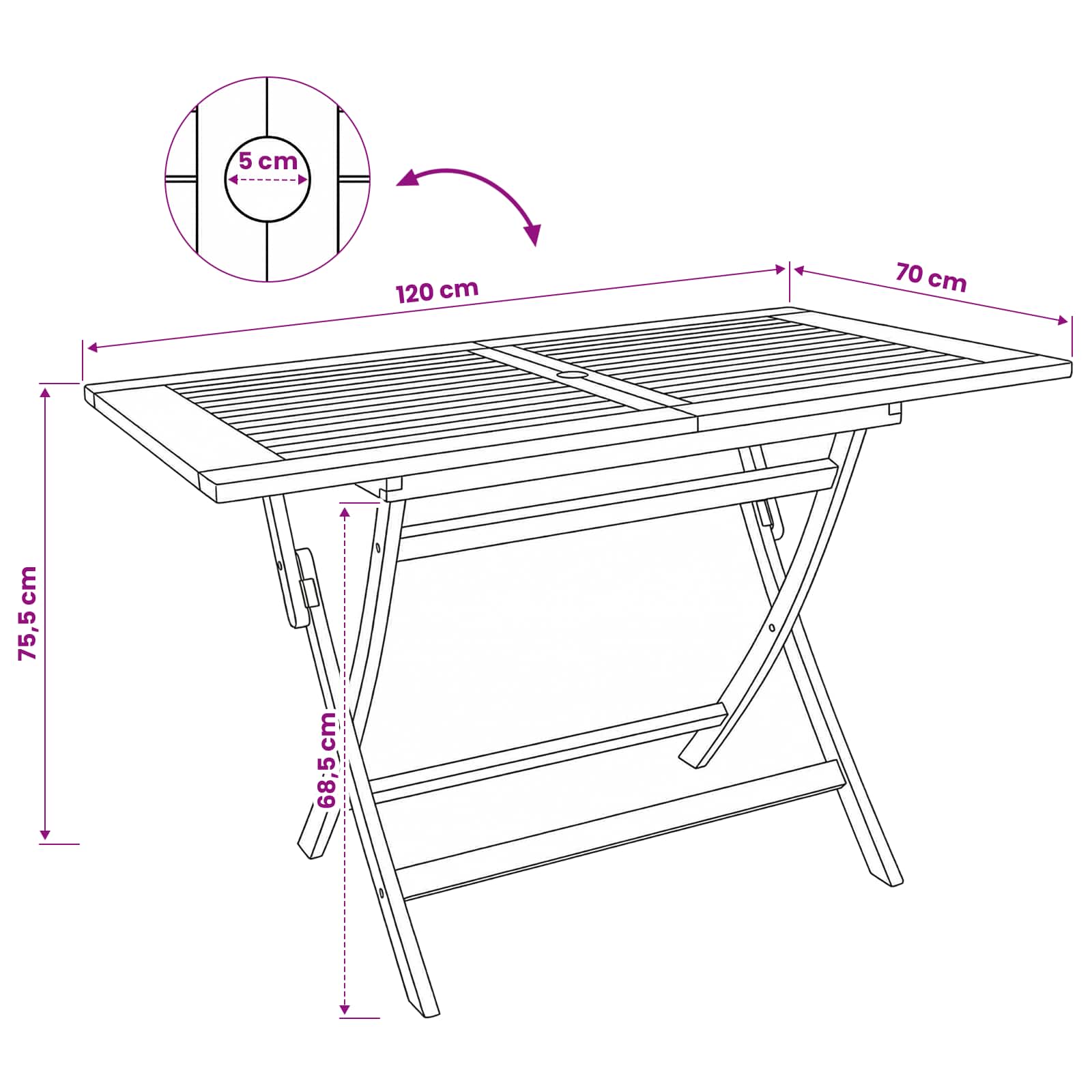 Sulankstomas sodo stalas Natūrali 120 x 70 x 75,5 cm