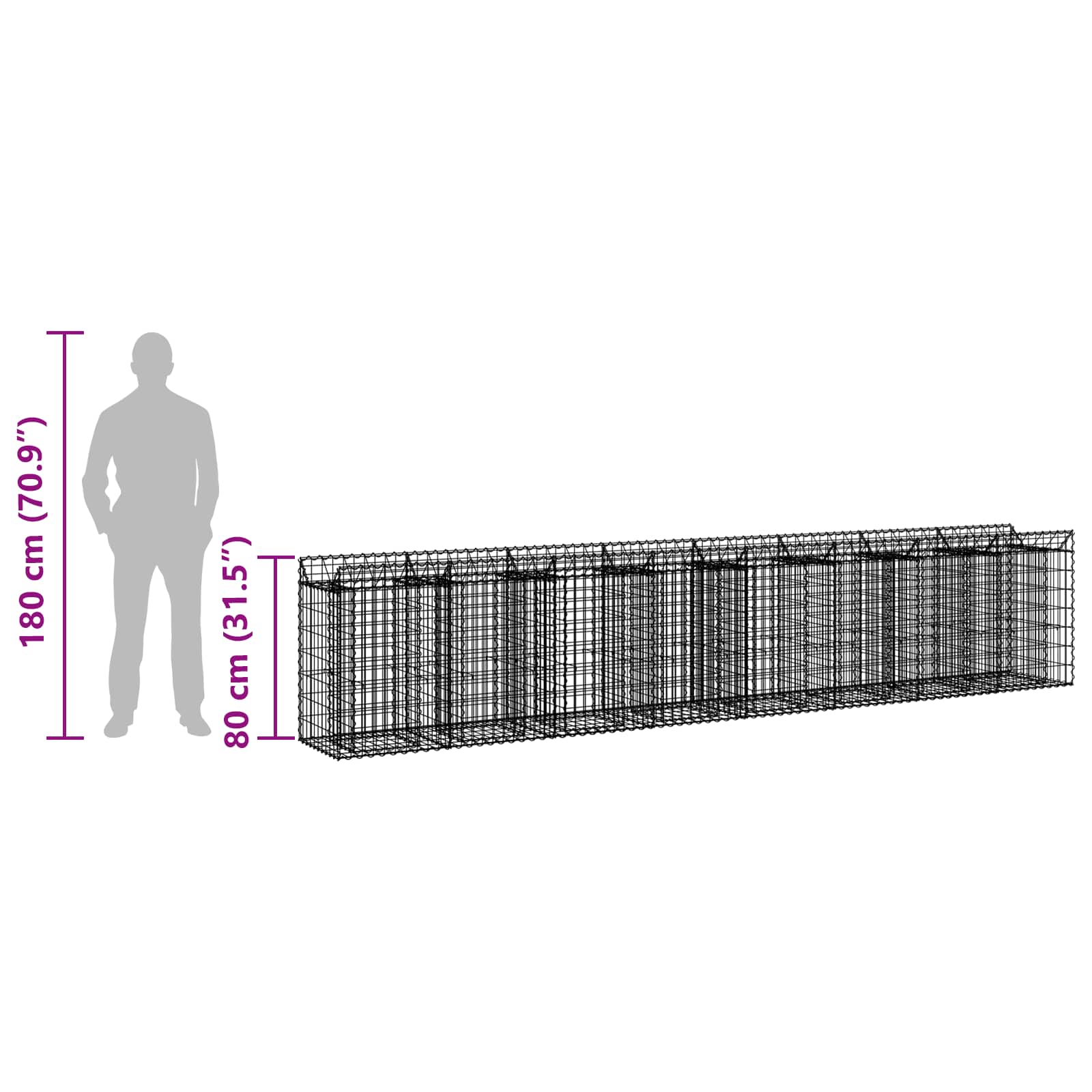 Gabionu paceltā dobe 3 gab. Sudraba 400 x 50 x 80 cm
