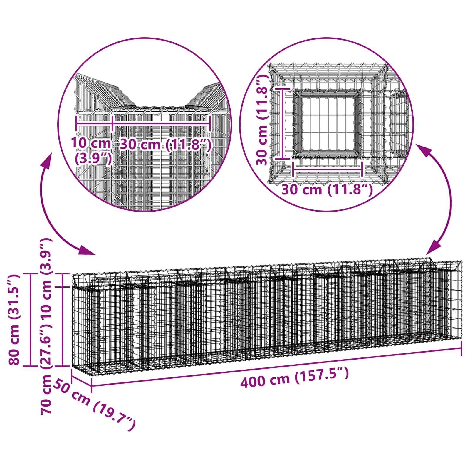 Gabionu paceltā dobe 3 gab. Sudraba 400 x 50 x 80 cm