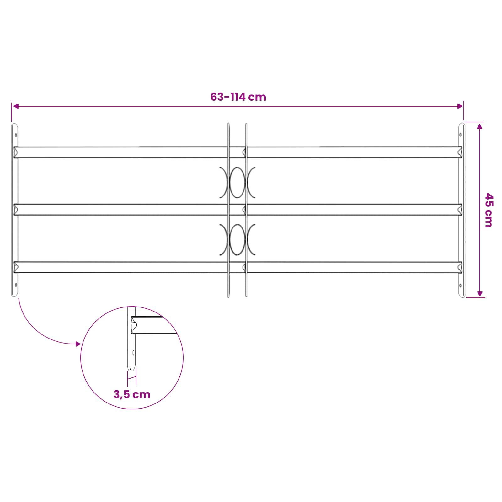 Langų saugos grotelės su 3 skersinėmis 63-114 cm