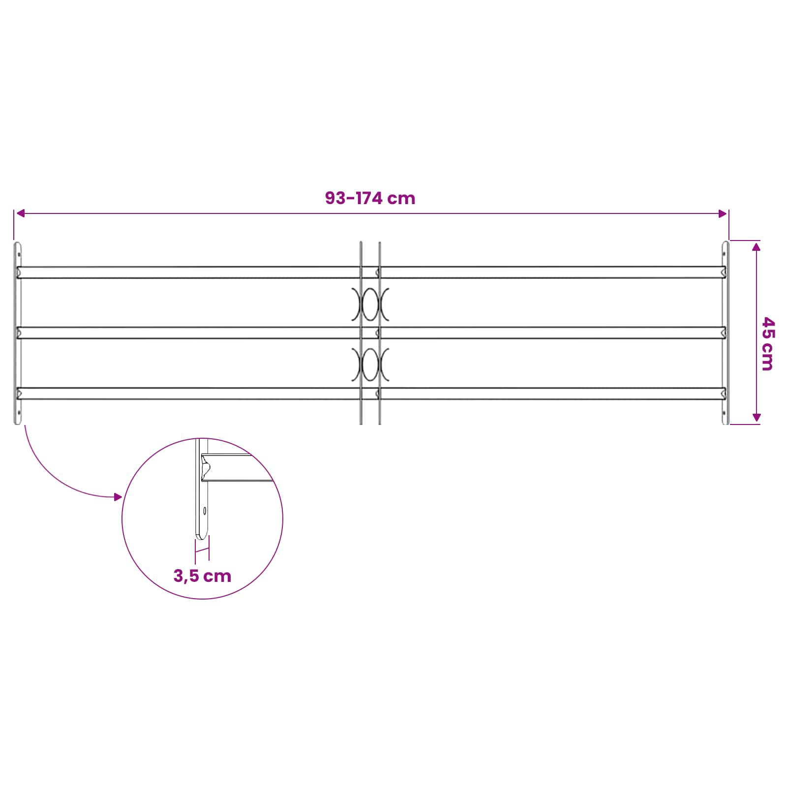Langų saugos grotelės su 3 skersinėmis 93-174 cm