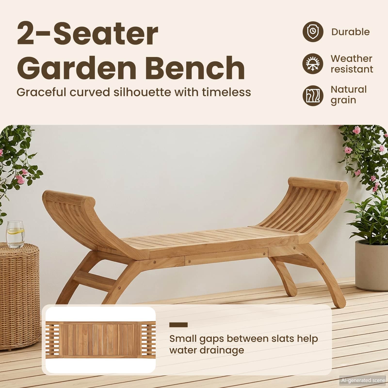 Sodo suolas 2 -Seater 126 cm Kieto teka medžio Natūrali
