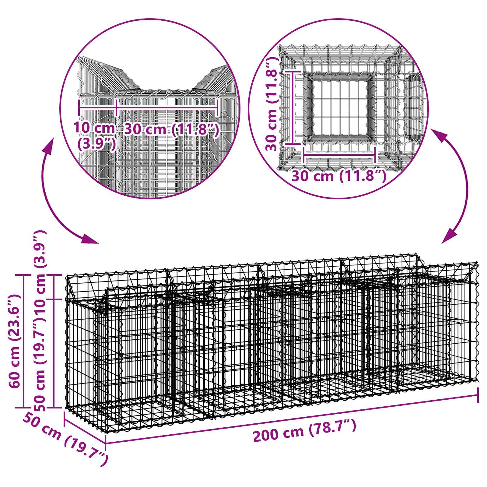 Gabion Raised Bed Silver 200 x 50 x 60 cm