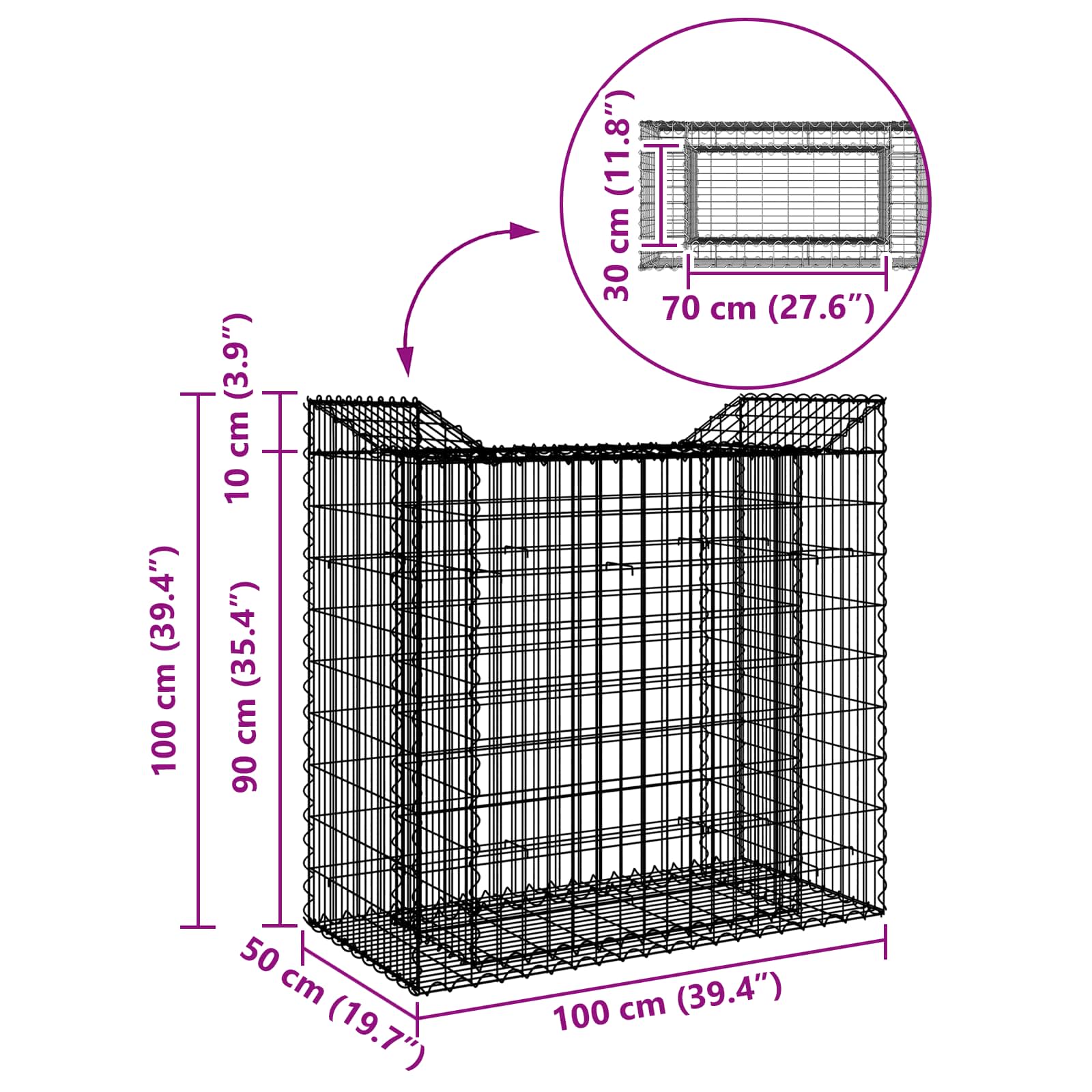 Raised Gabion Bed Silver 50 x 100 x 100 cm