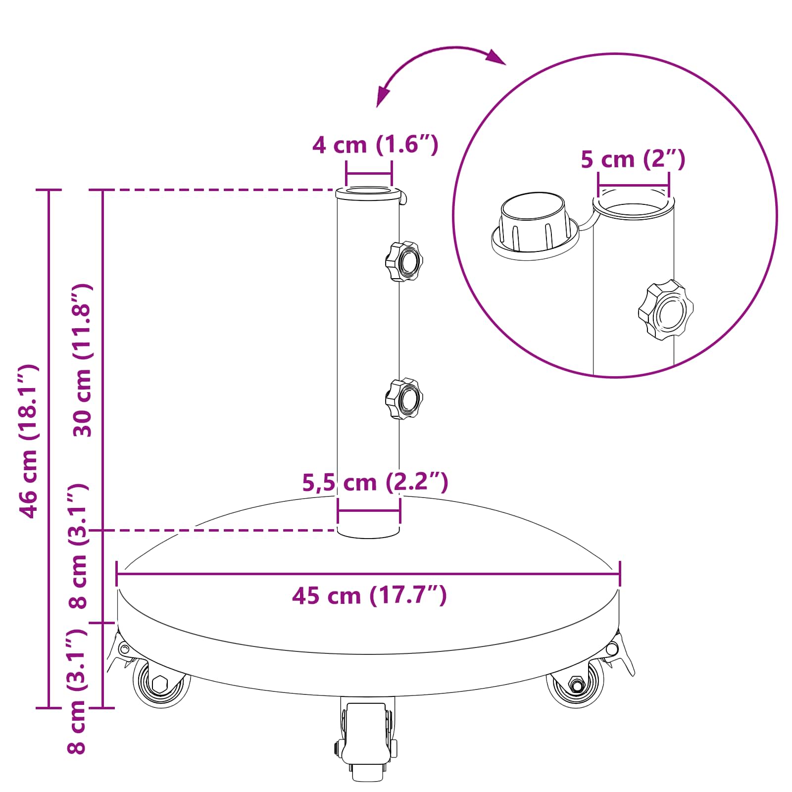 Granito skėčio stovas su ratais 4-5 cm stulpui 27.2 kg Pilka