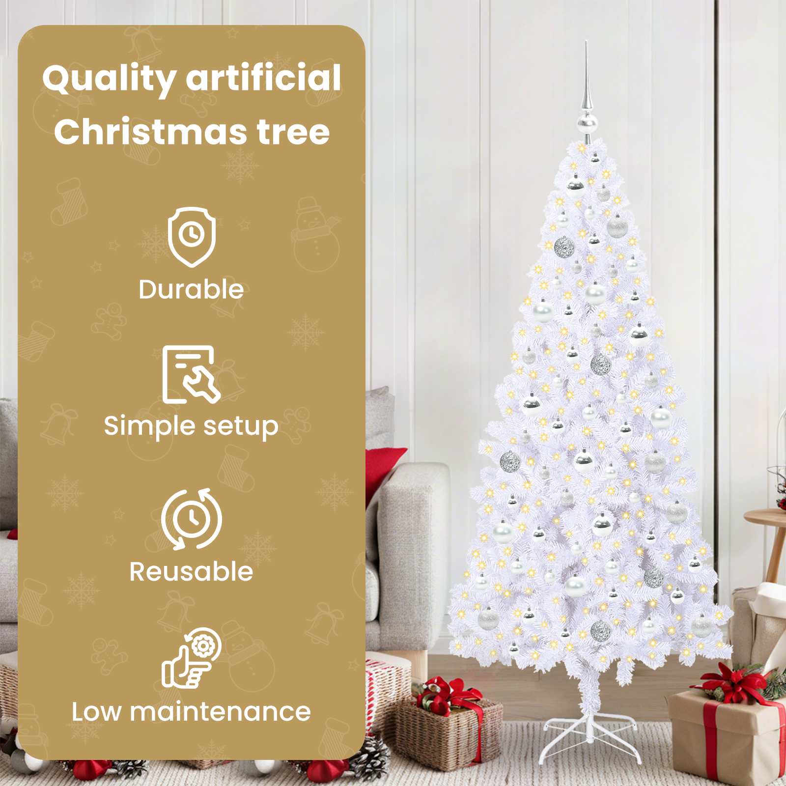 Mākslīgā Ziemassvētku eglīte ar 300 LED lampiņām, balta, 180 cm, PVC un tērauds