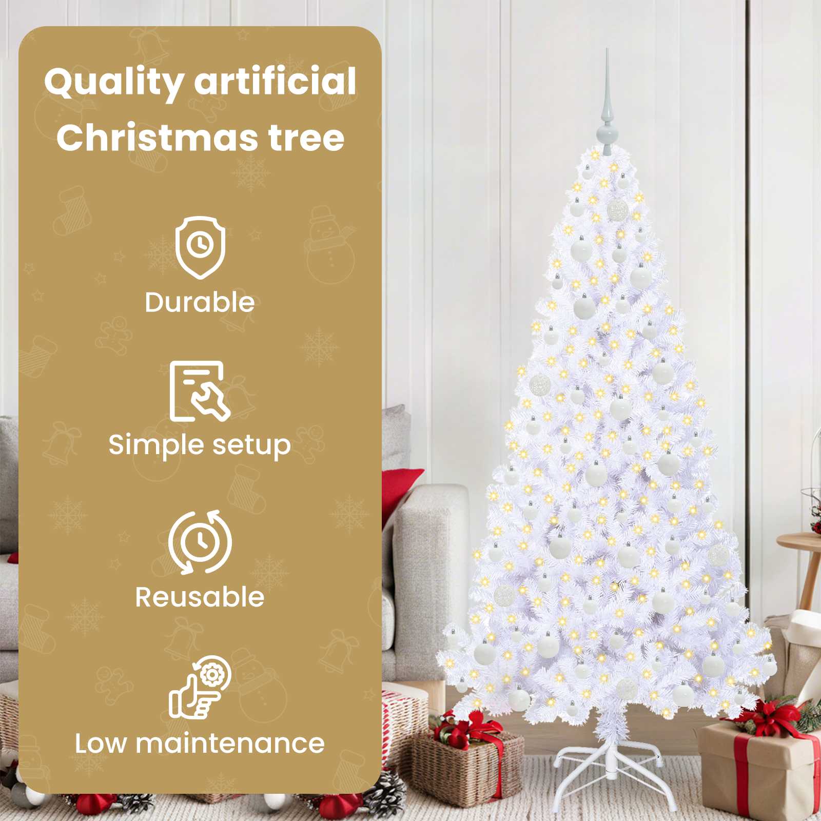 Mākslīgā Ziemassvētku eglīte ar 300 LED lampiņām, balta 180 cm PVC un tērauds