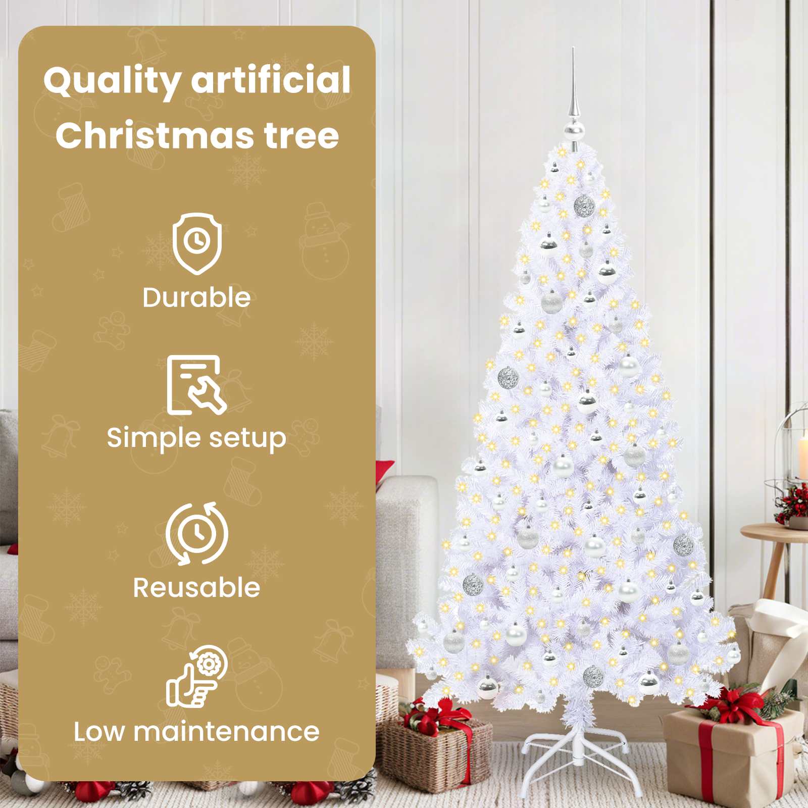 Mākslīgā Ziemassvētku eglīte ar 300 LED lampiņām, balta, 180 cm, PVC un tērauds