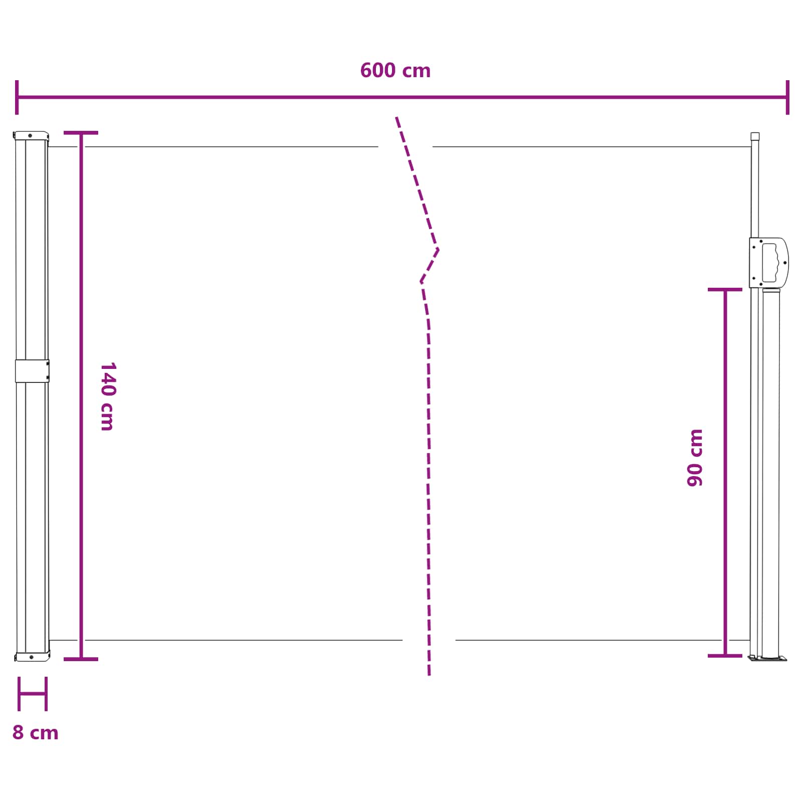 Izvelkams sānu tents, pelēks 600 x 140 cm, poliesters