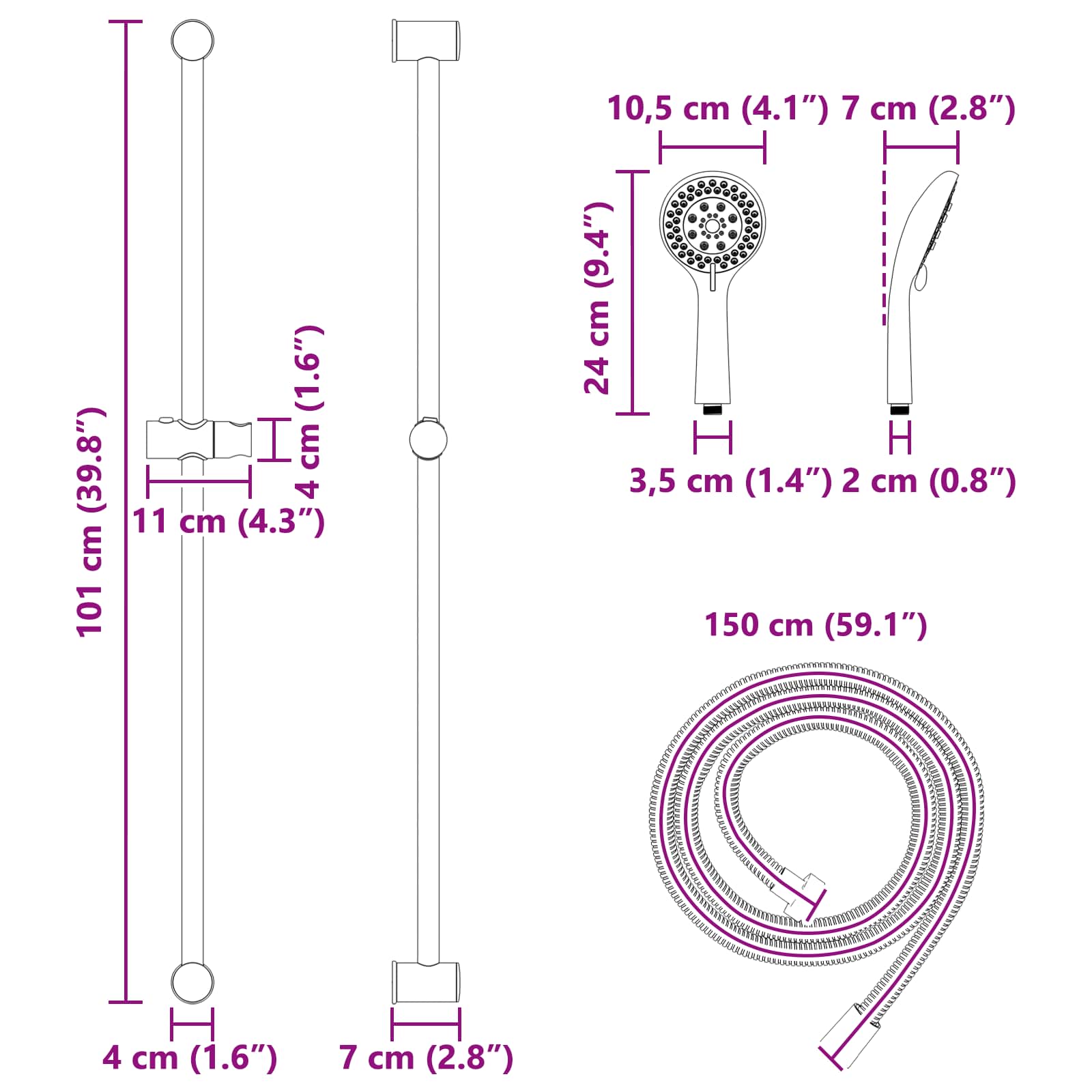 Dušo sistemos rinkinys Juoda 101 cm Nerūdijantis plienas