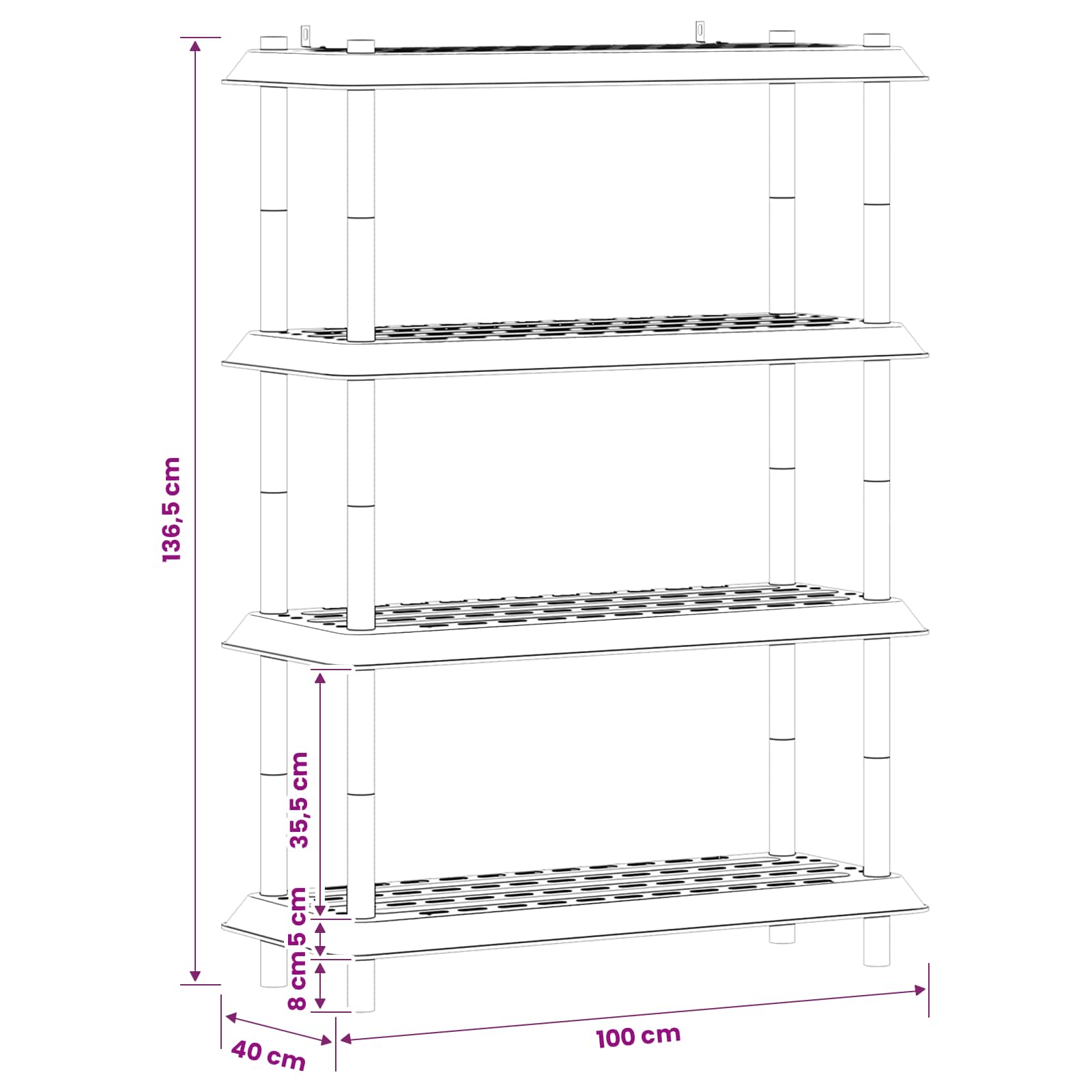 Lentynų sistema 4 lygiai 100 x 40 x 136,5 cm PP Šviesiai pilka