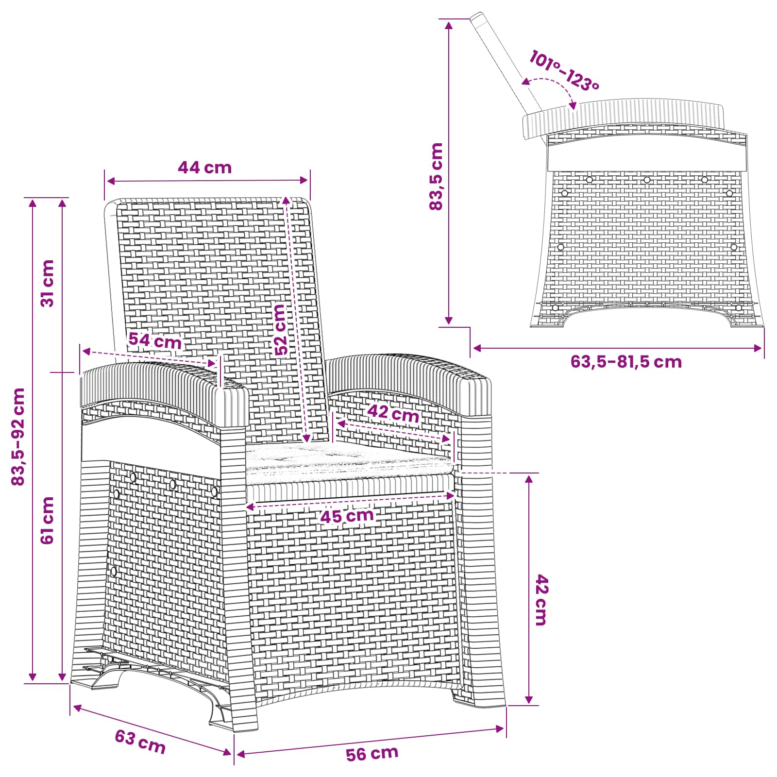 Atlošiamas sodo krėslas su rataniniu vaizdu Balta ir antracito