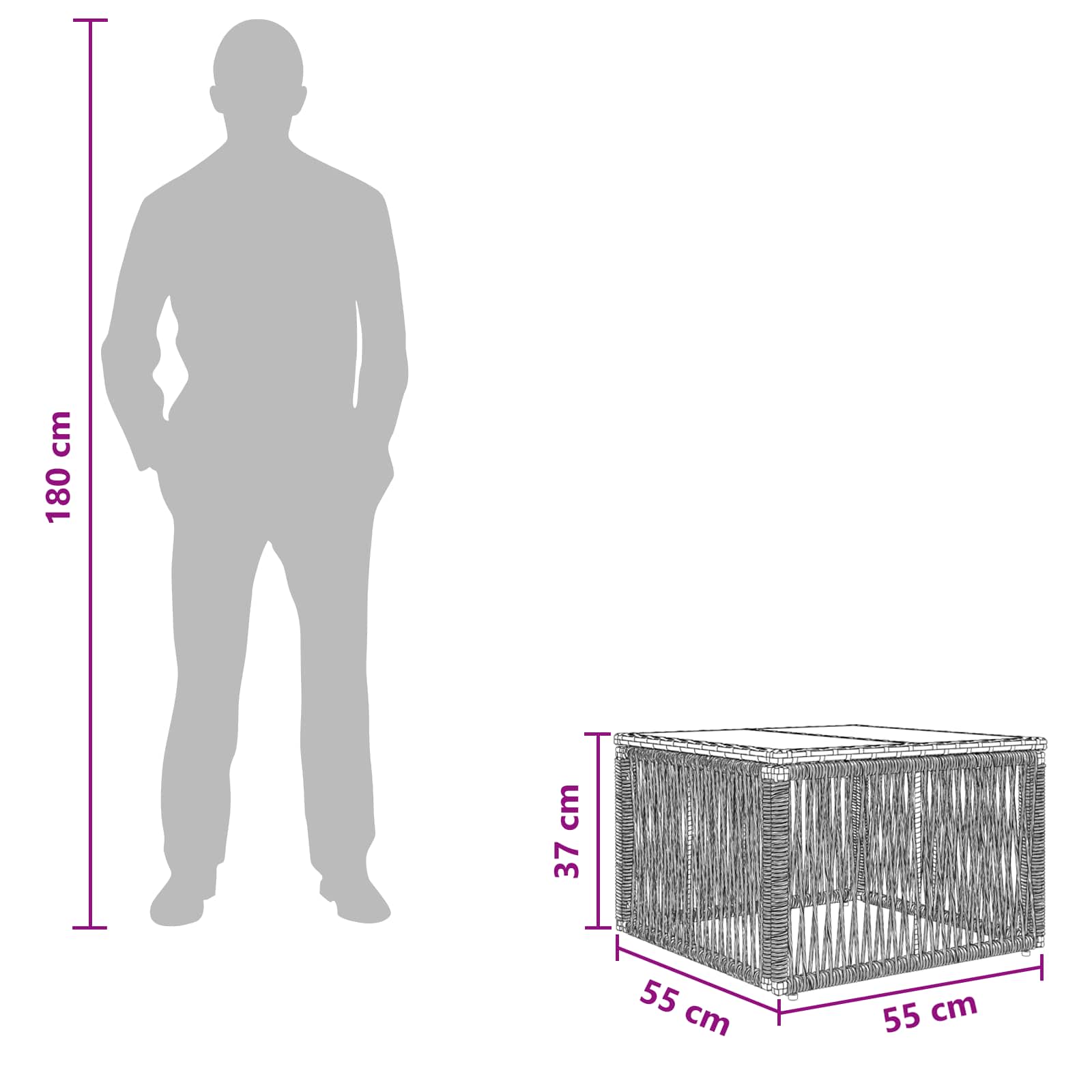 Sodo stalas Pilka ir juoda 55 x 55 x 37 cm PE Rattan ir Stiklas