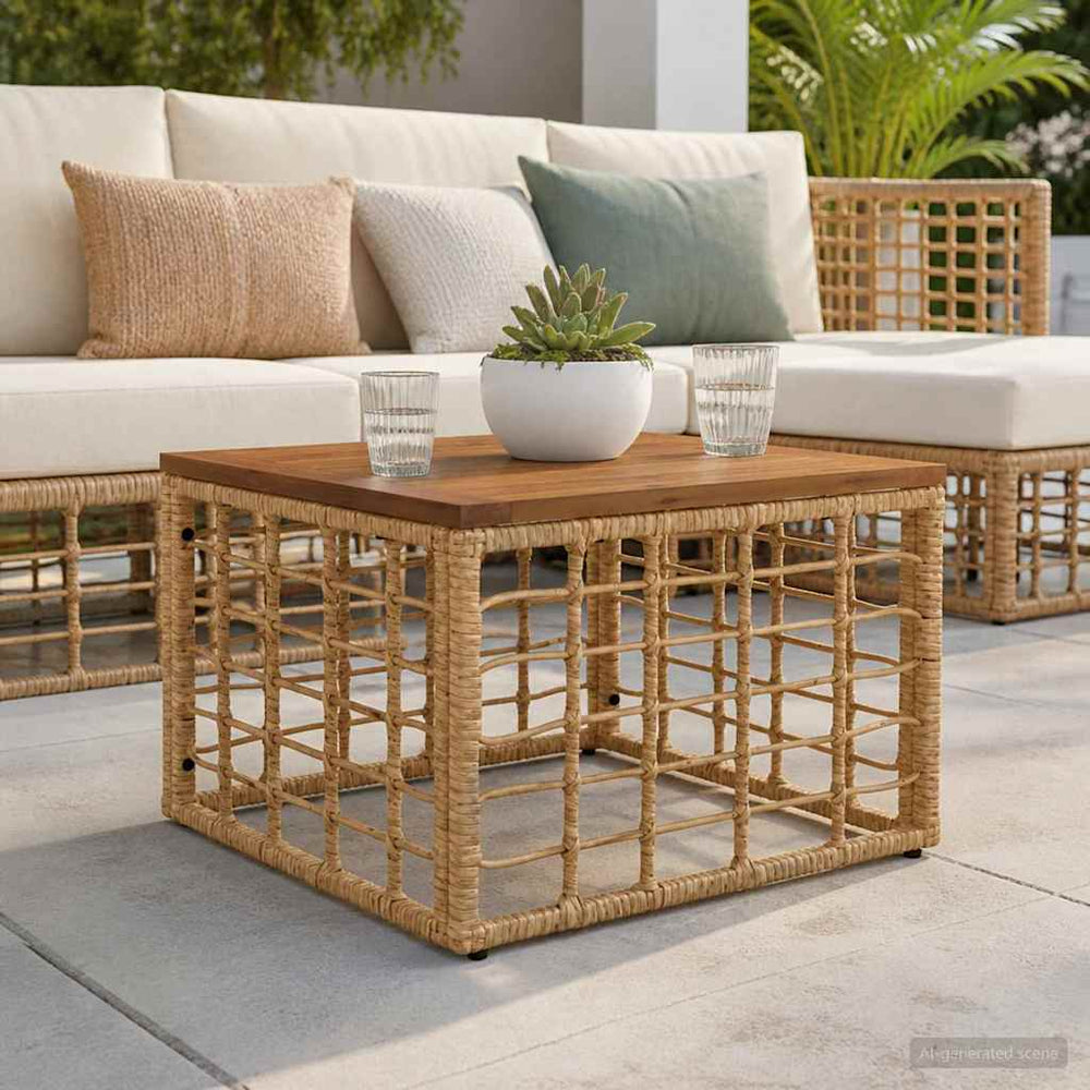 Sodo stalas Natūrali 55 x 55 x 37 cm PE Rattan ir Stiklas
