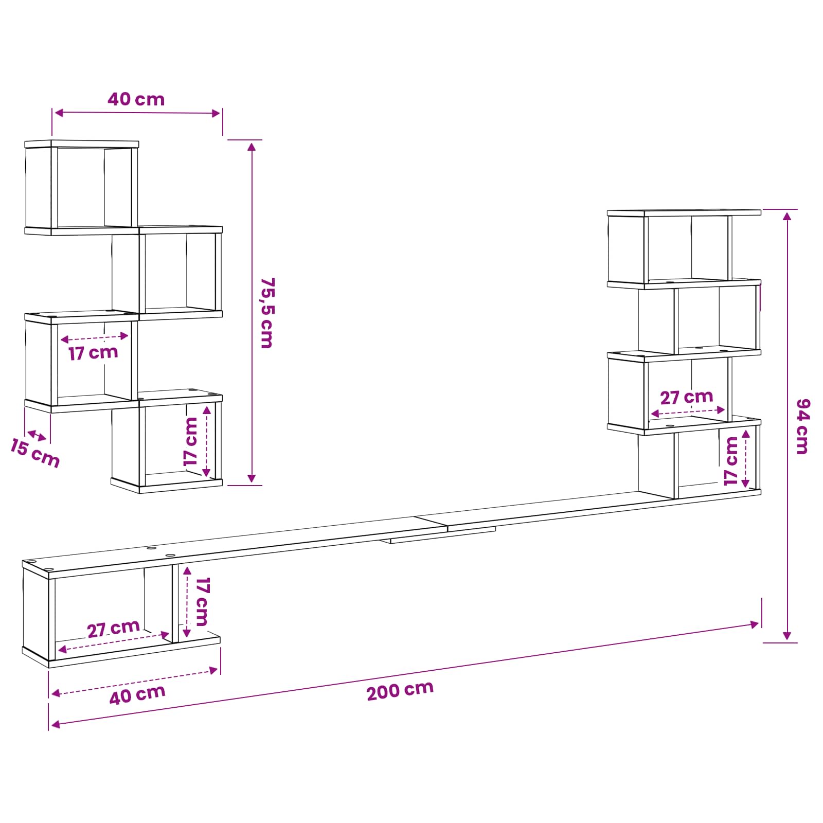 Sieninis televizoriaus stovas Betono pilka 200 x 15 x 94 cm