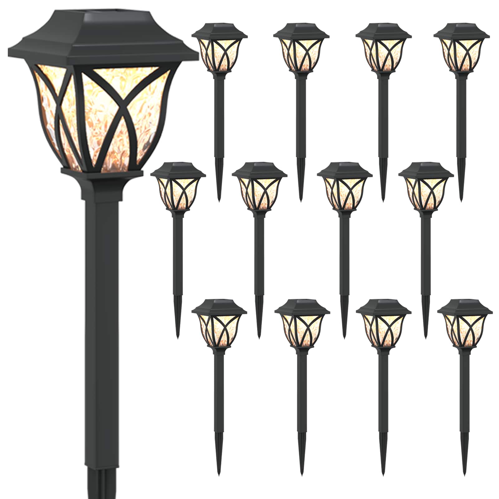 Lauko saulės šviestuvai su žemės kuolu 12 pcs Šilta balta 42 cm