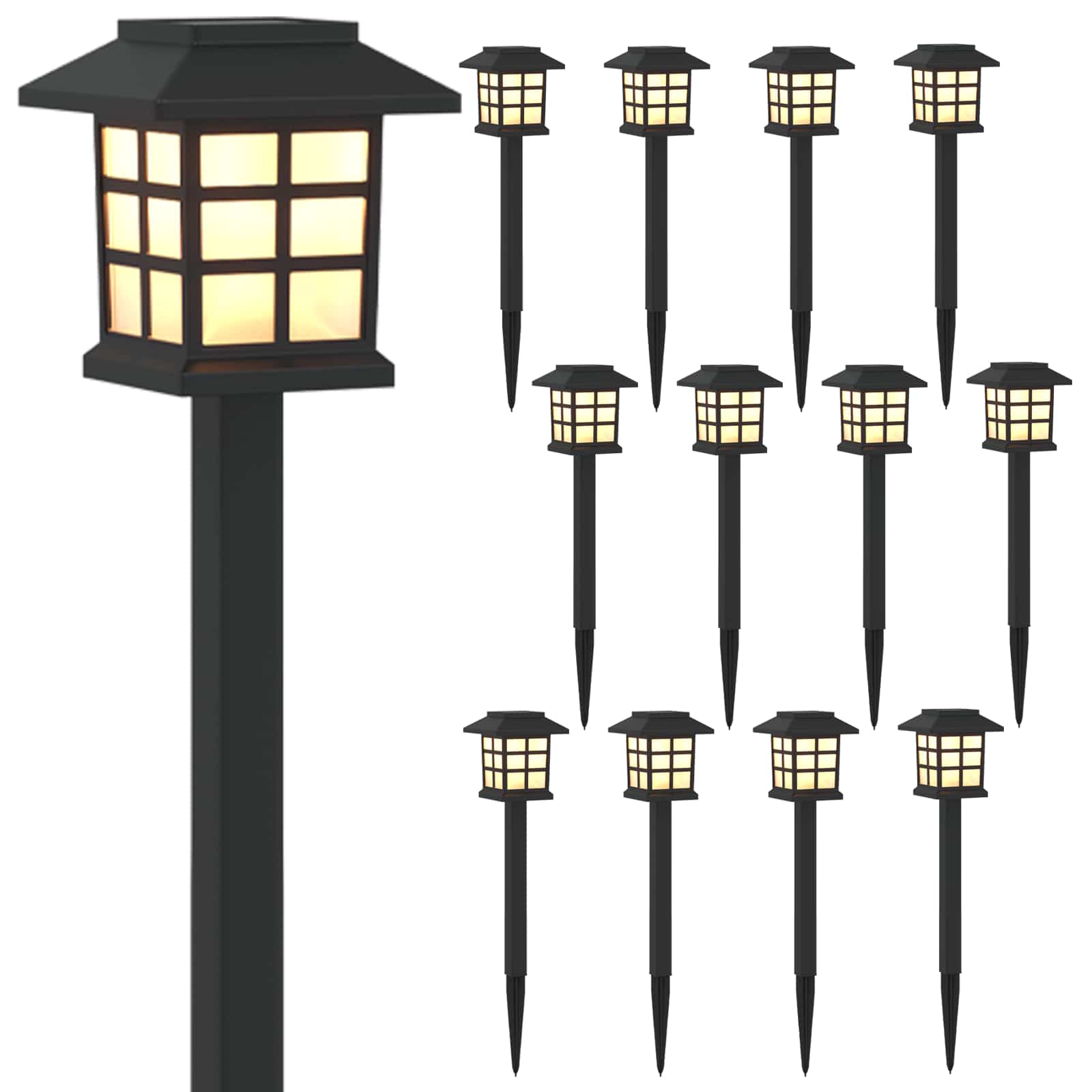 Lauko saulės šviestuvai su žemės kuolu 12 pcs Šilta balta PP