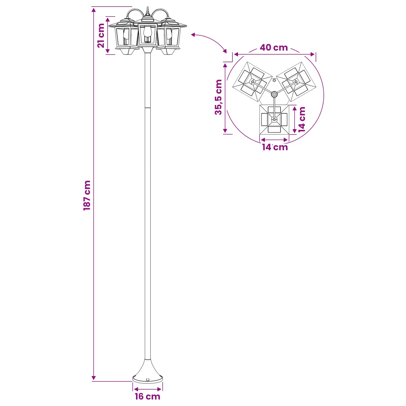 3-Head Lamp Post Juoda 16 x 16 x 187 cm Aliuminis ir ABS