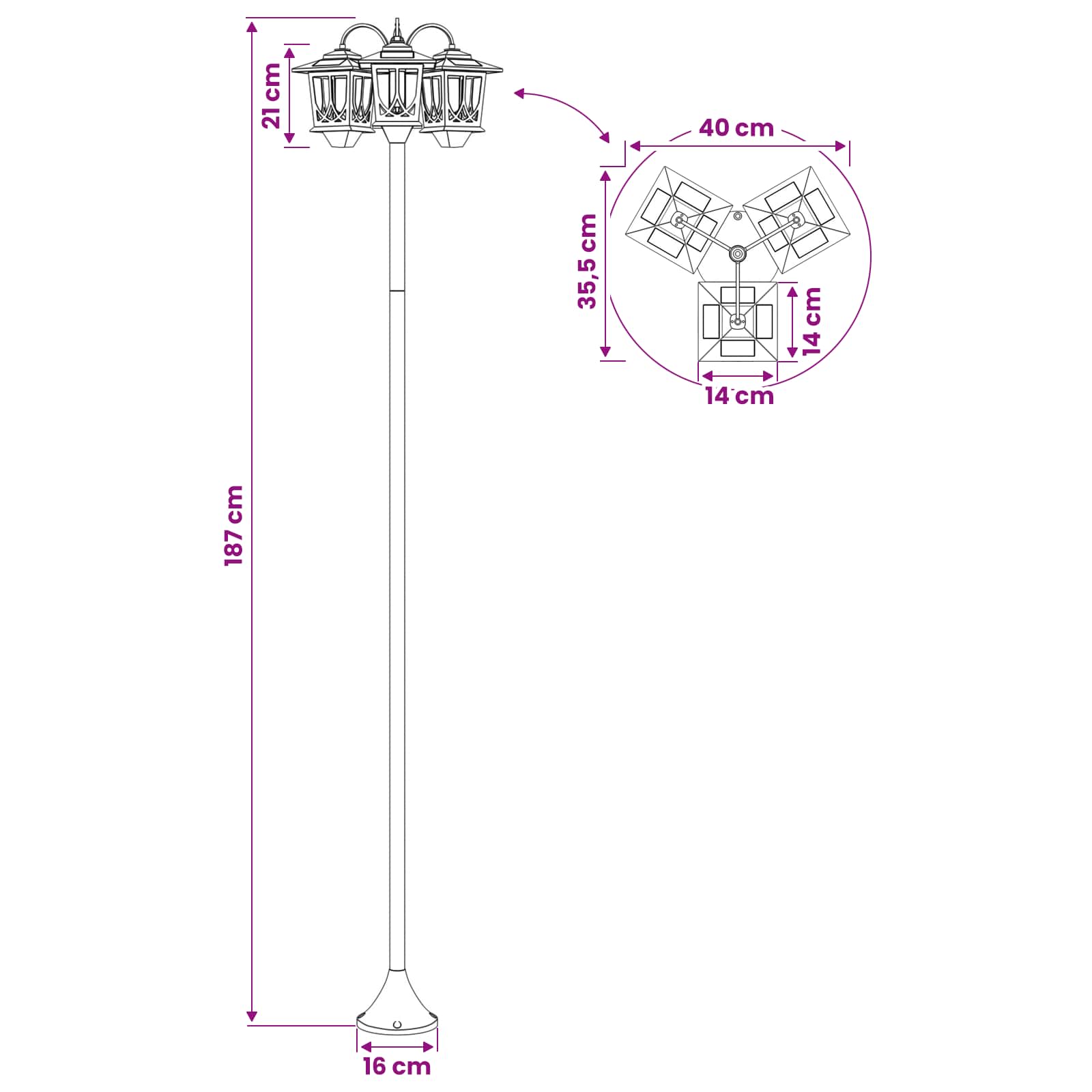 3-Head Lamp Post Juoda 16 x 16 x 187 cm Aliuminis ir ABS