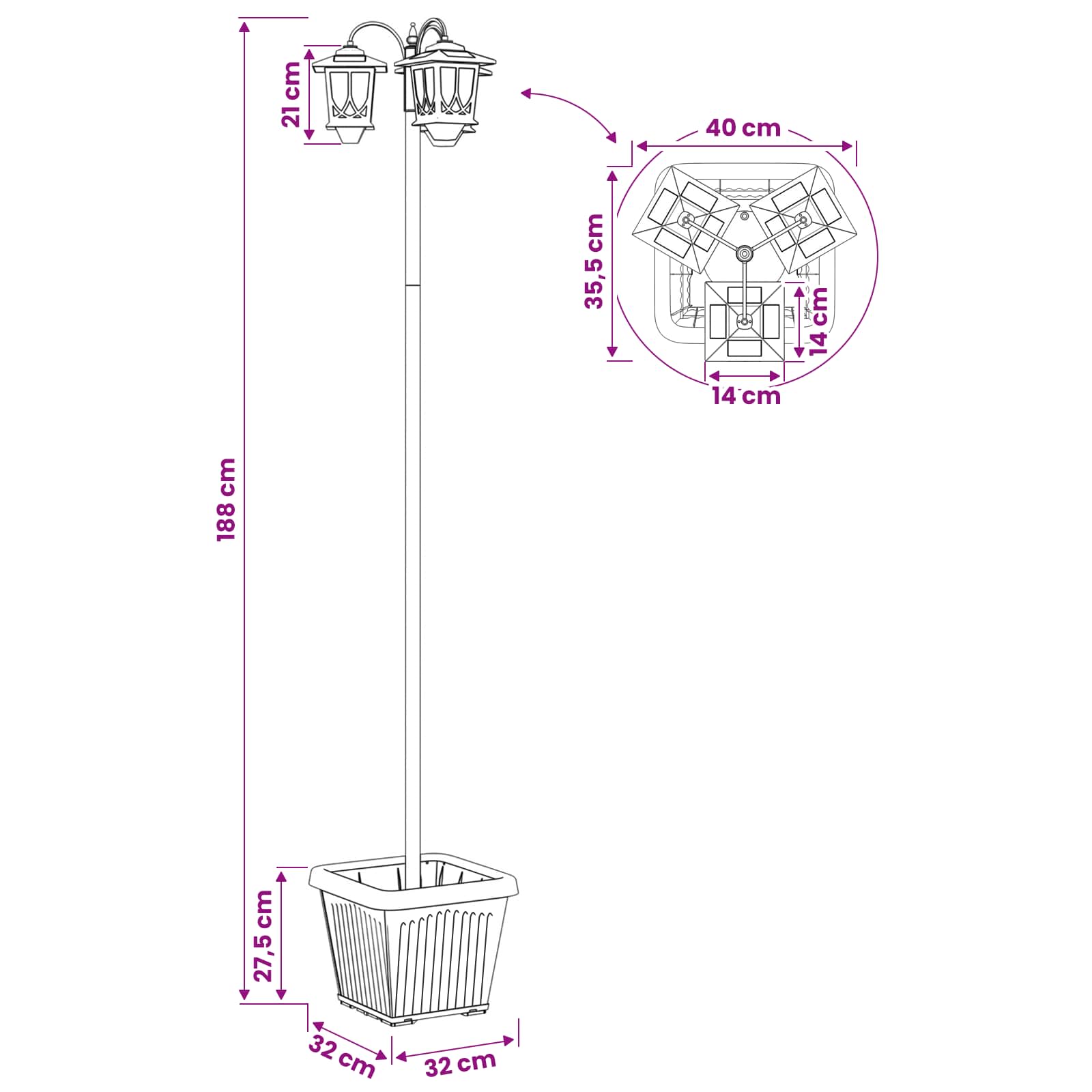 3-Head Lamp Post Juoda 32 x 32 x 188 cm Aliuminis ir ABS