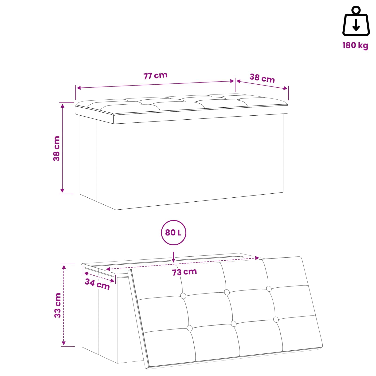 Sulankstomas saugojimo suolas Juoda 180 kg 80 L 77 x 38 x 38 cm