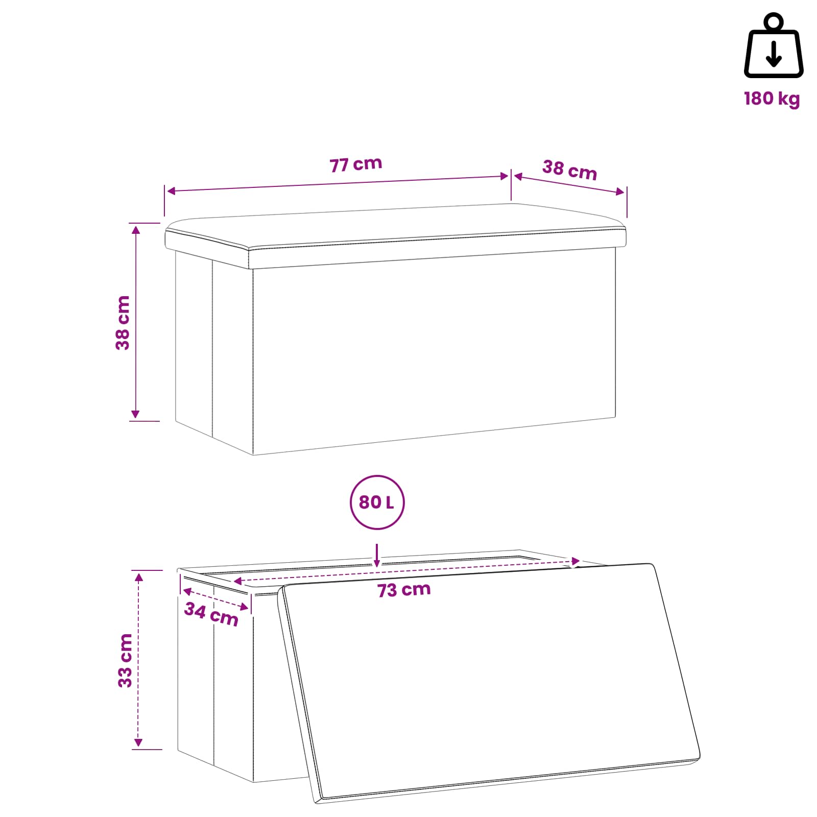 Sulankstomas saugojimo suolas Juoda 180 kg 80 L 77 x 38 x 38 cm