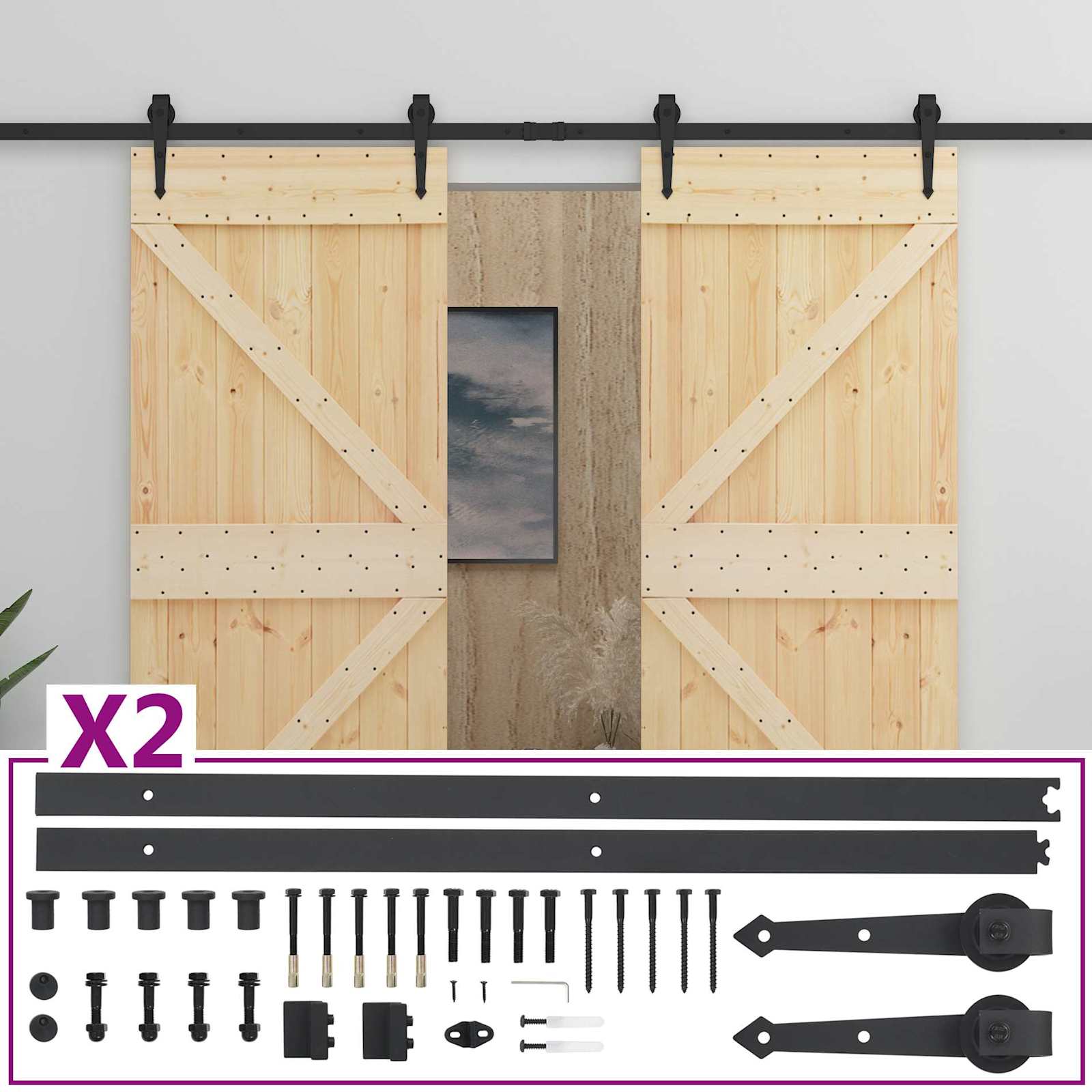 Slankios durys 2 pcs Natūrali ir juoda Pušies medienos masyvas
