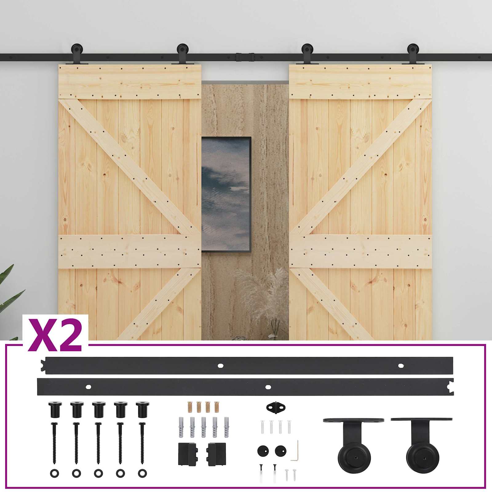 Slankios durys 2 pcs Natūrali ir juoda Pušies medienos masyvas