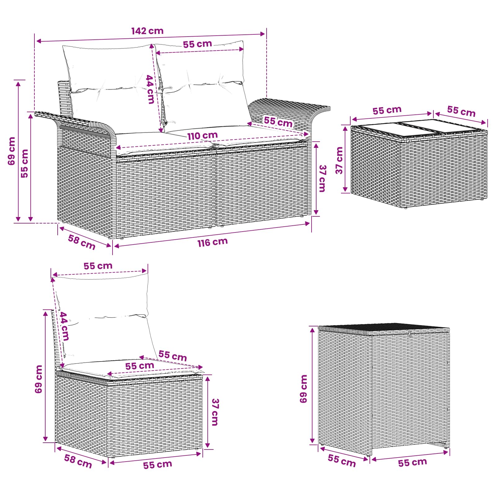 Sofos komplektas 6 pcs 4-Vietų skaičius Ruda ir raudona