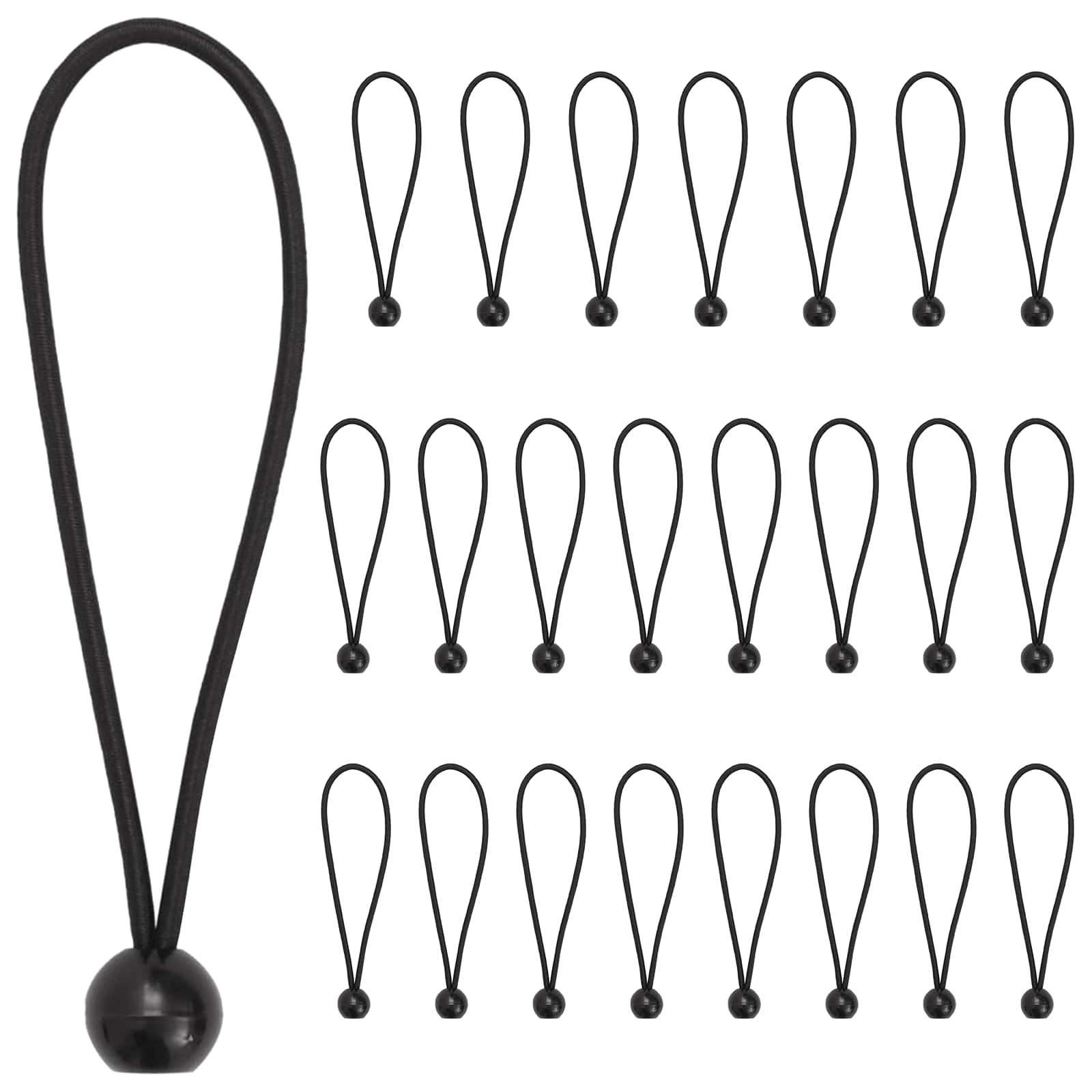 Bungee virvės su kamuoliukais 24 vnt. Juoda 4 mm x 22 cm