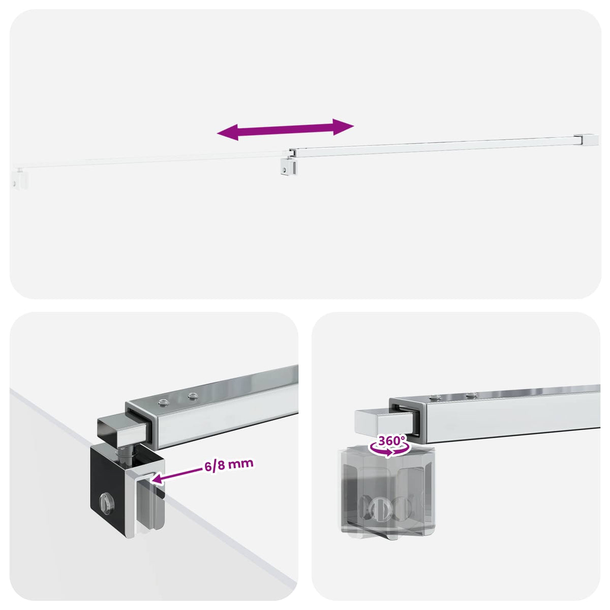 Dušo sienelės laikiklis 70-120 cm 6/8 mm stiklui Chromo