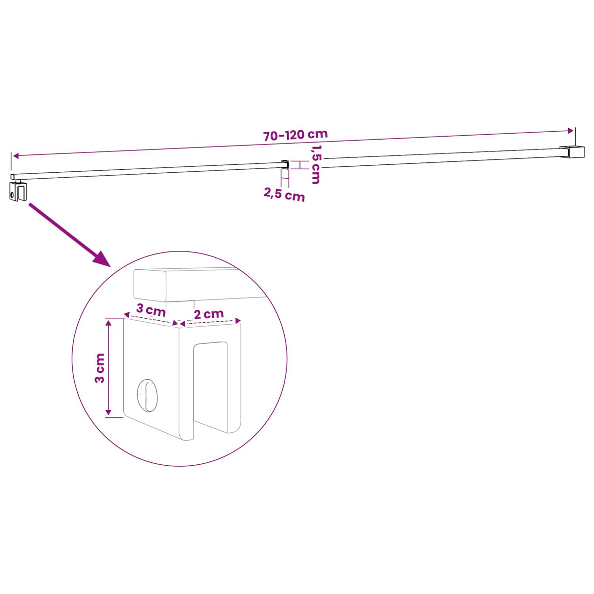 Dušo sienelės laikiklis 70-120 cm 6/8 mm stiklui Chromo