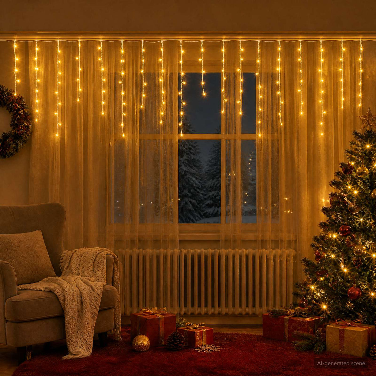Užuolaidų girliandos 210 LED Šilta balta 500 x 72 cm