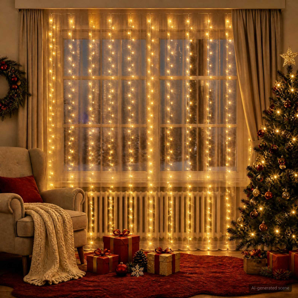 Užuolaidų girlianda 300 LED Šilta balta 300 x 300 cm