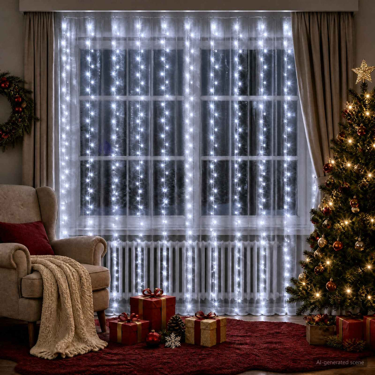 Užuolaidų girlianda 300 LED Šalta balta 300 x 300 cm