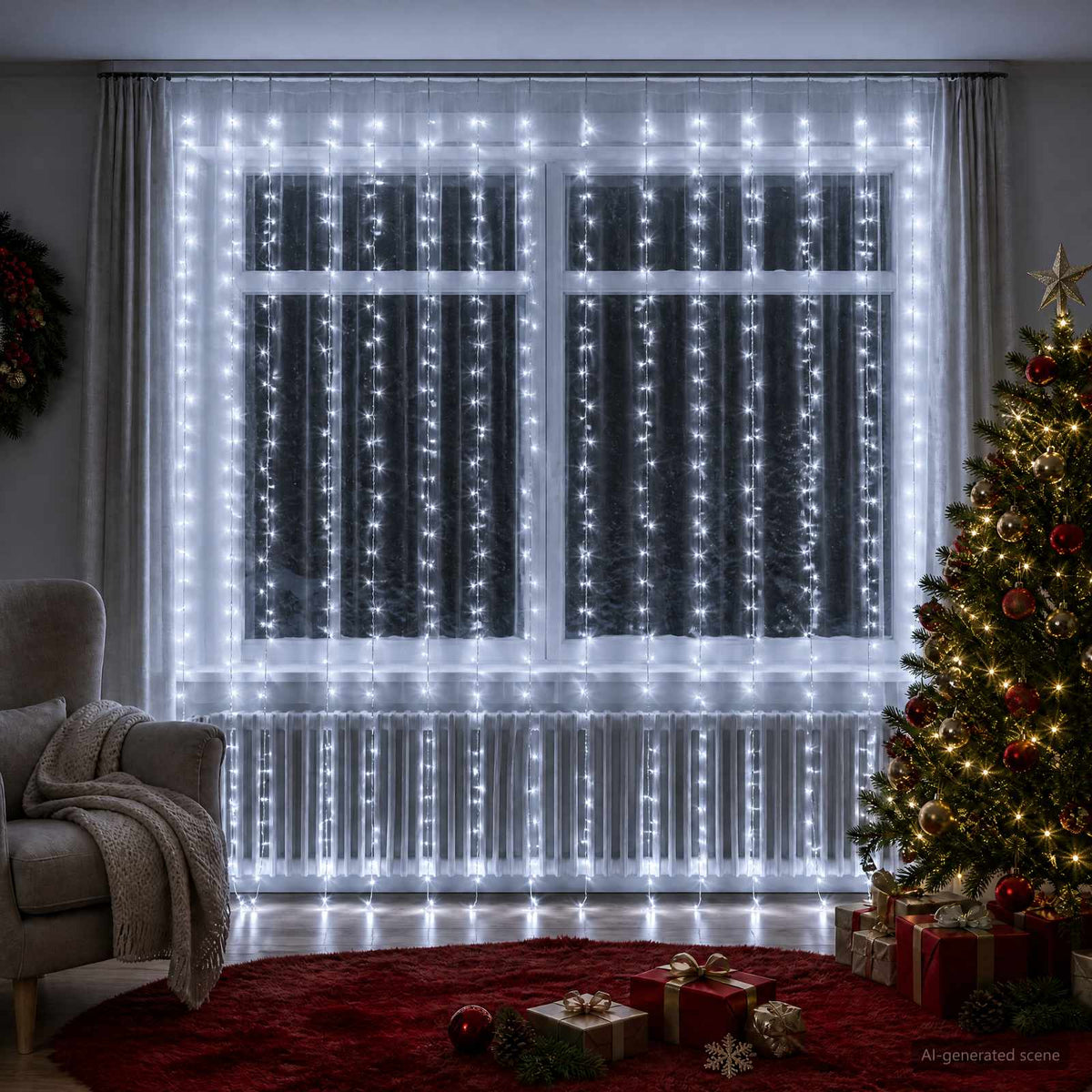 Užuolaidų girlianda 600 LED Šalta balta 600 x 300 cm