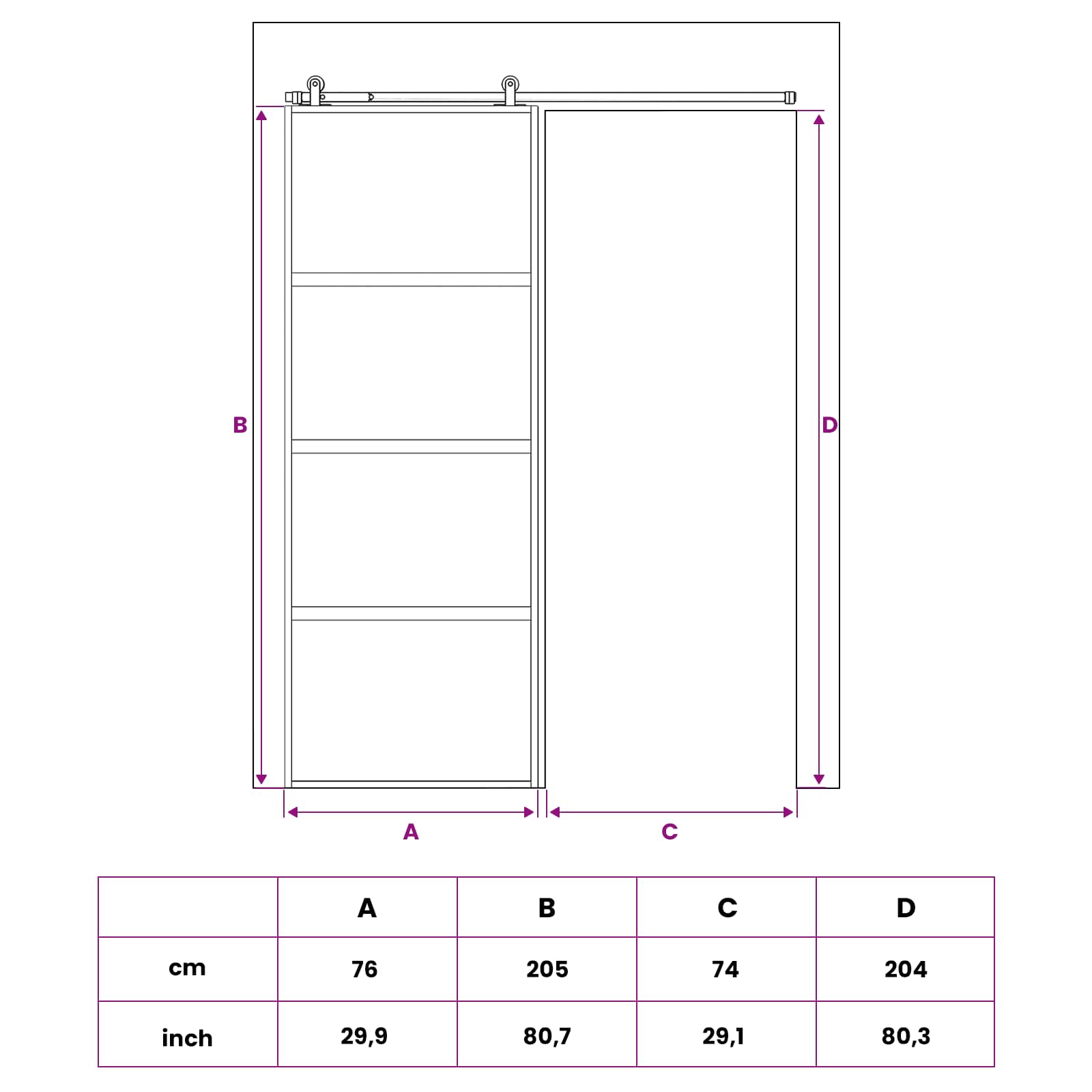 Slankios durys 76 x 205 cm Grūdintas stiklas ir aliuminis